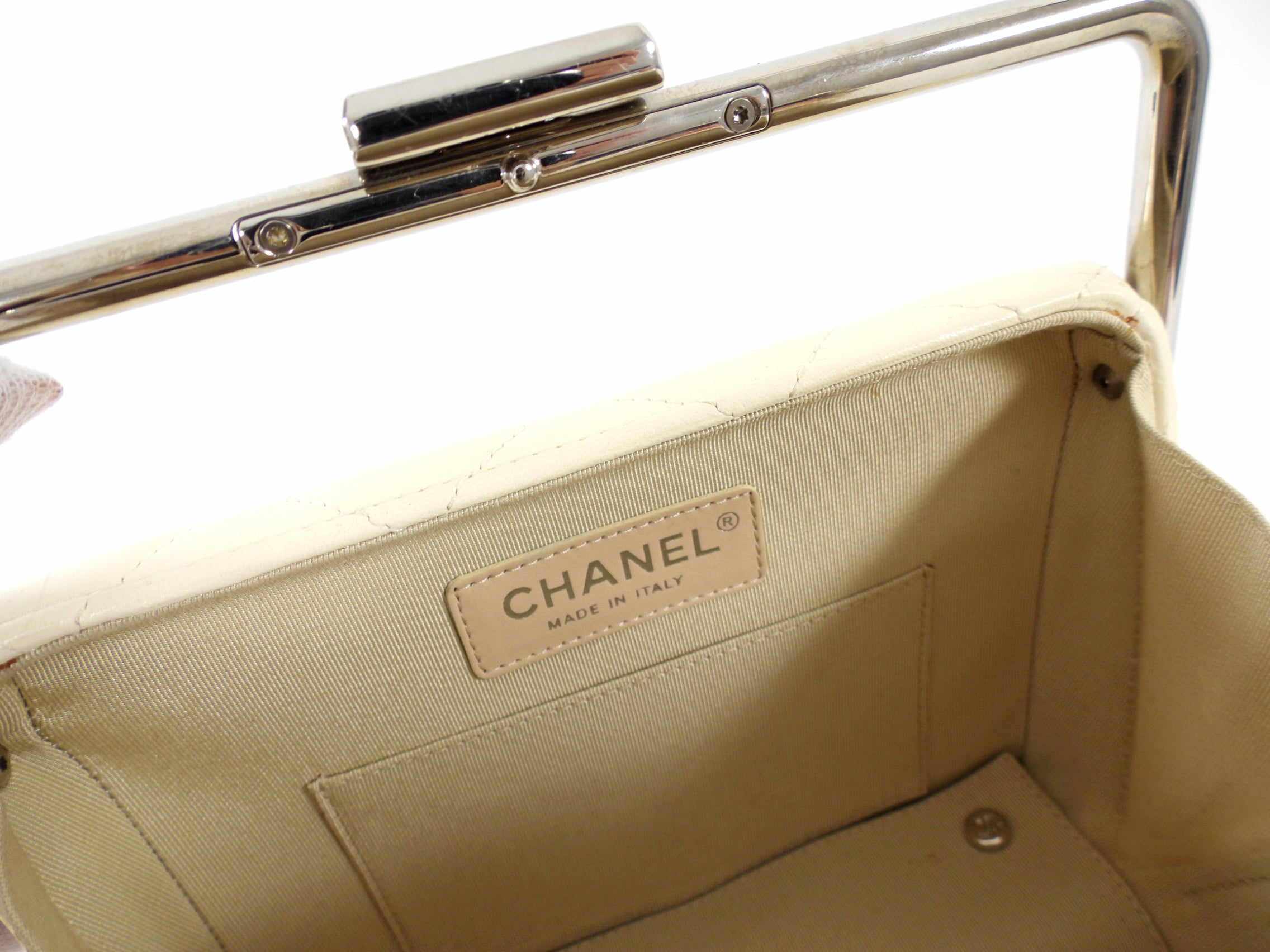 Chanel Cream Quilted Leather Metal Bar Frame Box Bag