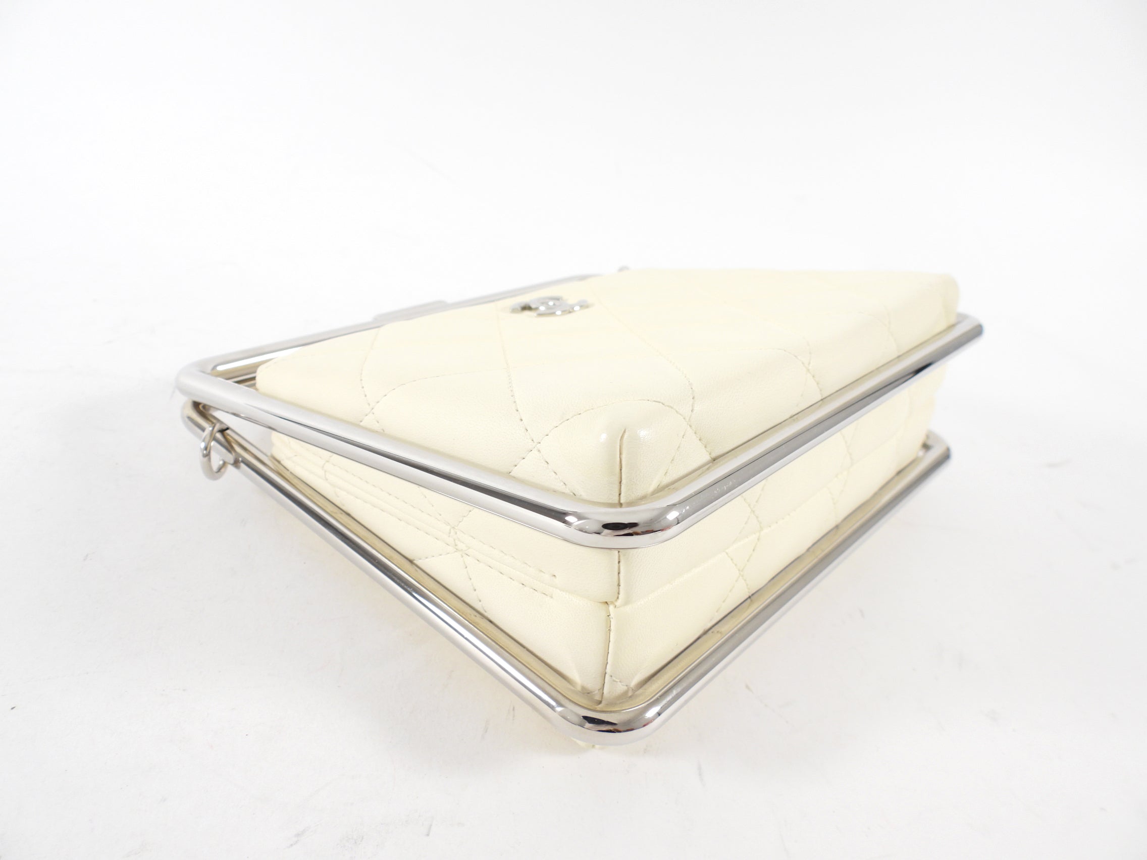 Chanel Cream Quilted Leather Metal Bar Frame Box Bag