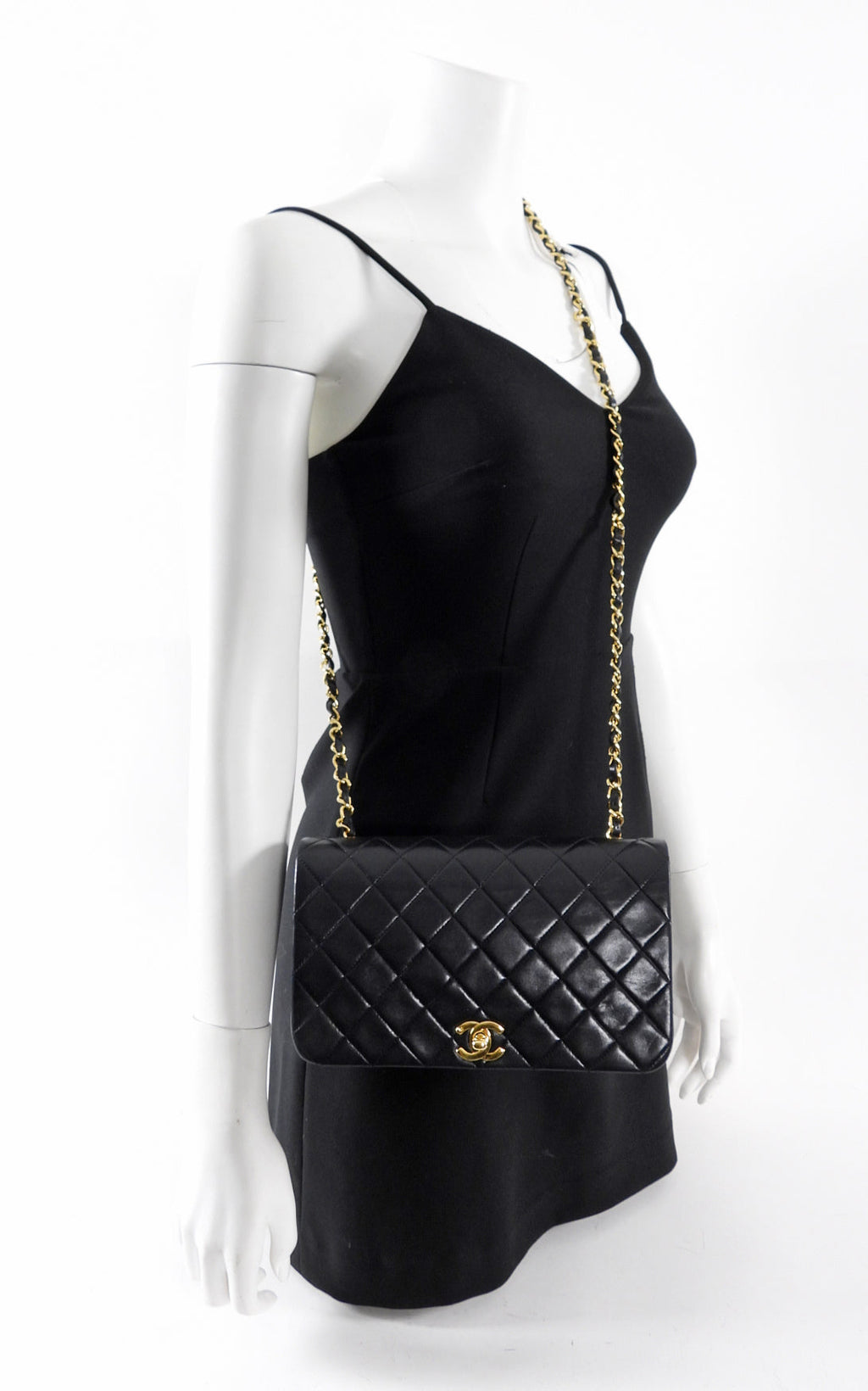 Chanel Vintage 1989 Black Lambskin Leather Full Flap Chain Bag