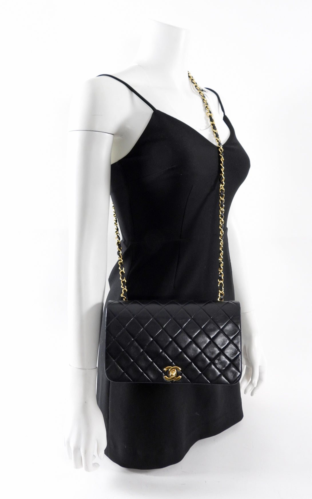 Chanel Vintage 1989 Black Lambskin Leather Full Flap Chain Bag