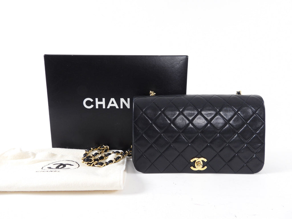 Chanel Vintage 1989 Black Lambskin Leather Full Flap Chain Bag