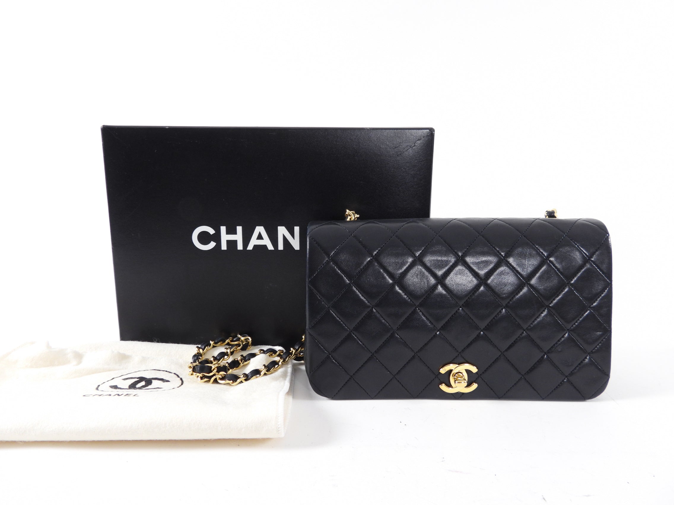 Chanel Vintage 1989 Black Lambskin Leather Full Flap Chain Bag