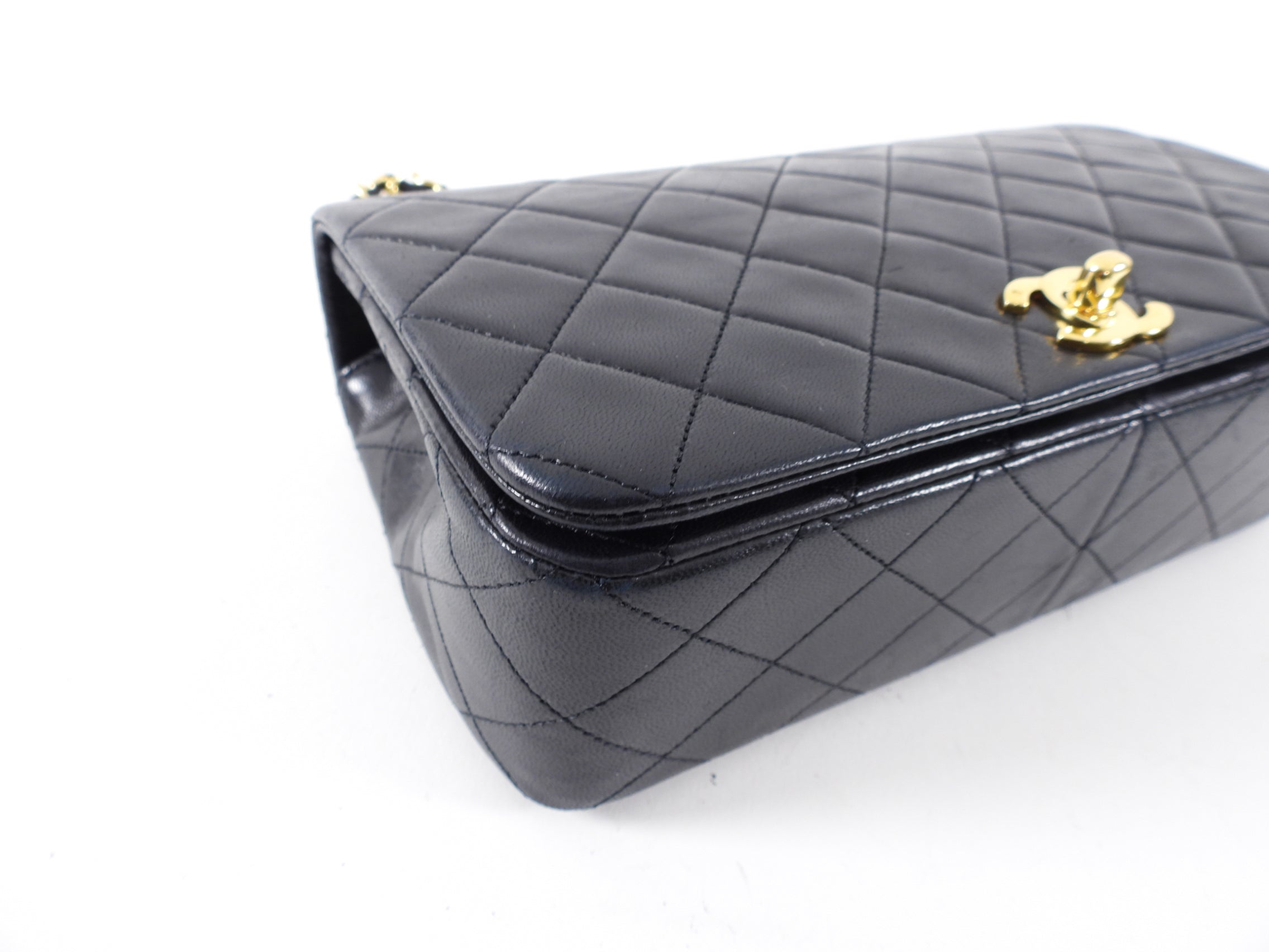 Chanel Vintage 1989 Black Lambskin Leather Full Flap Chain Bag