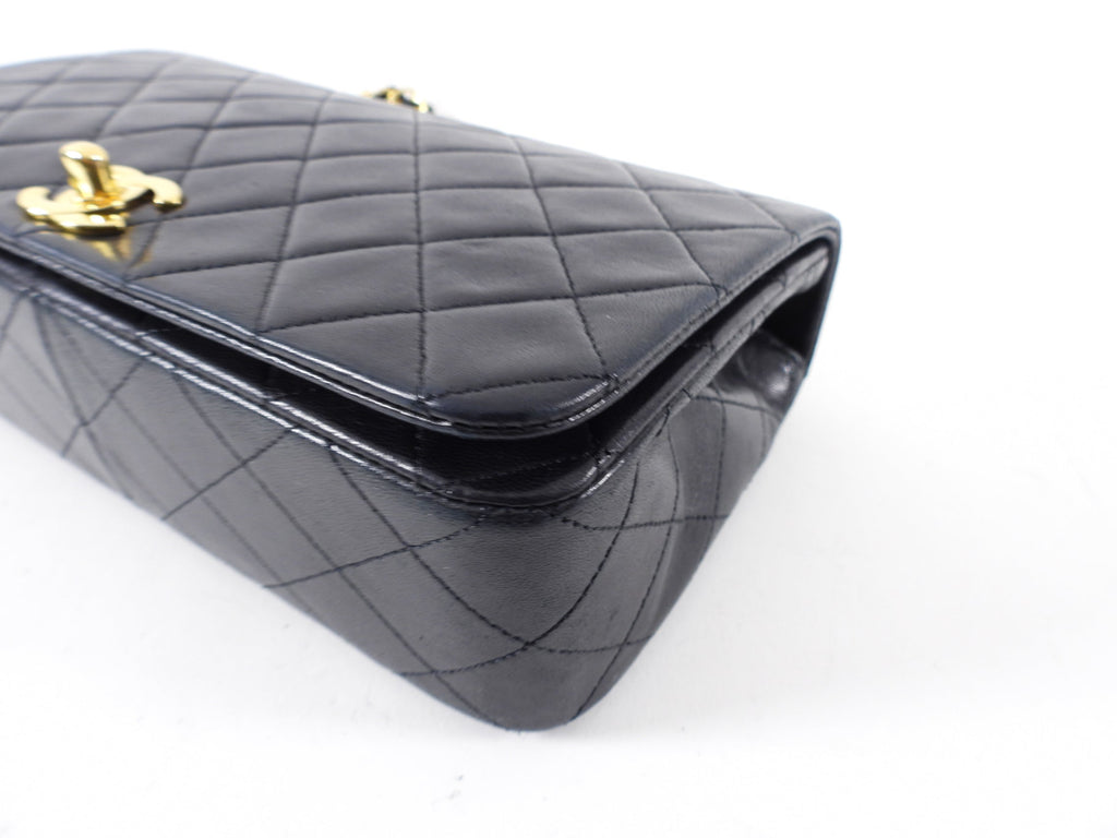 Chanel Vintage 1989 Black Lambskin Leather Full Flap Chain Bag