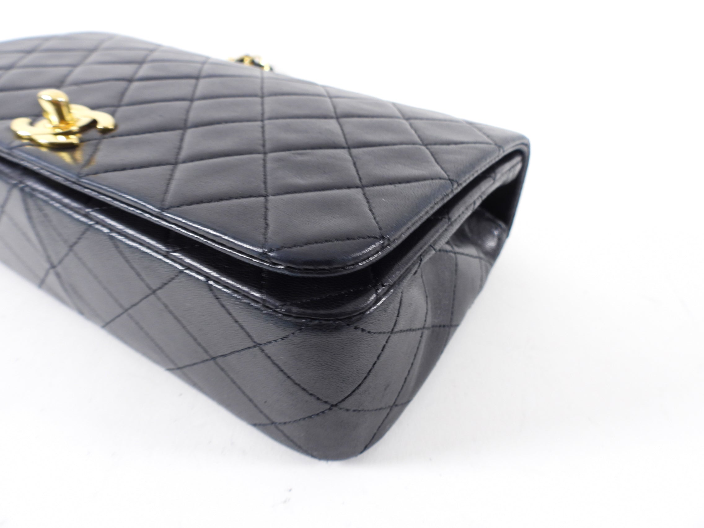 Chanel Vintage 1989 Black Lambskin Leather Full Flap Chain Bag