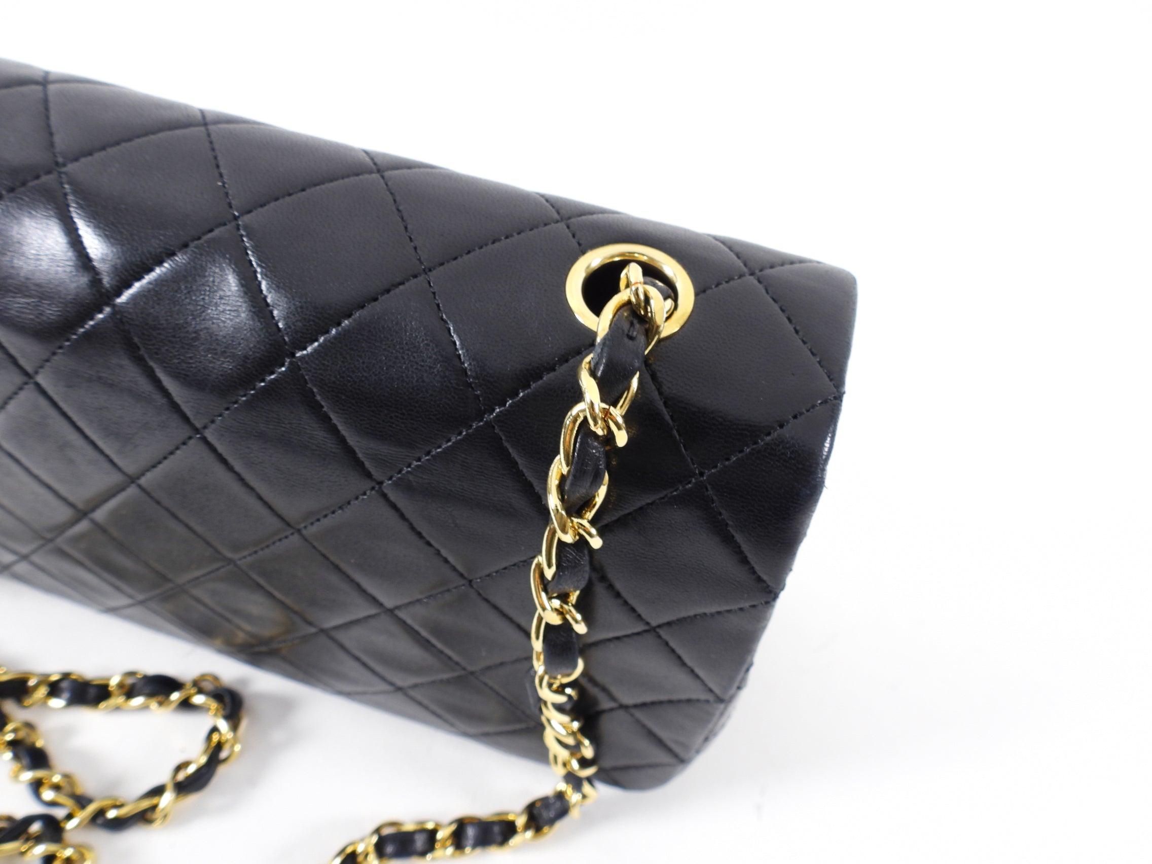 Chanel Vintage 1989 Black Lambskin Leather Full Flap Chain Bag