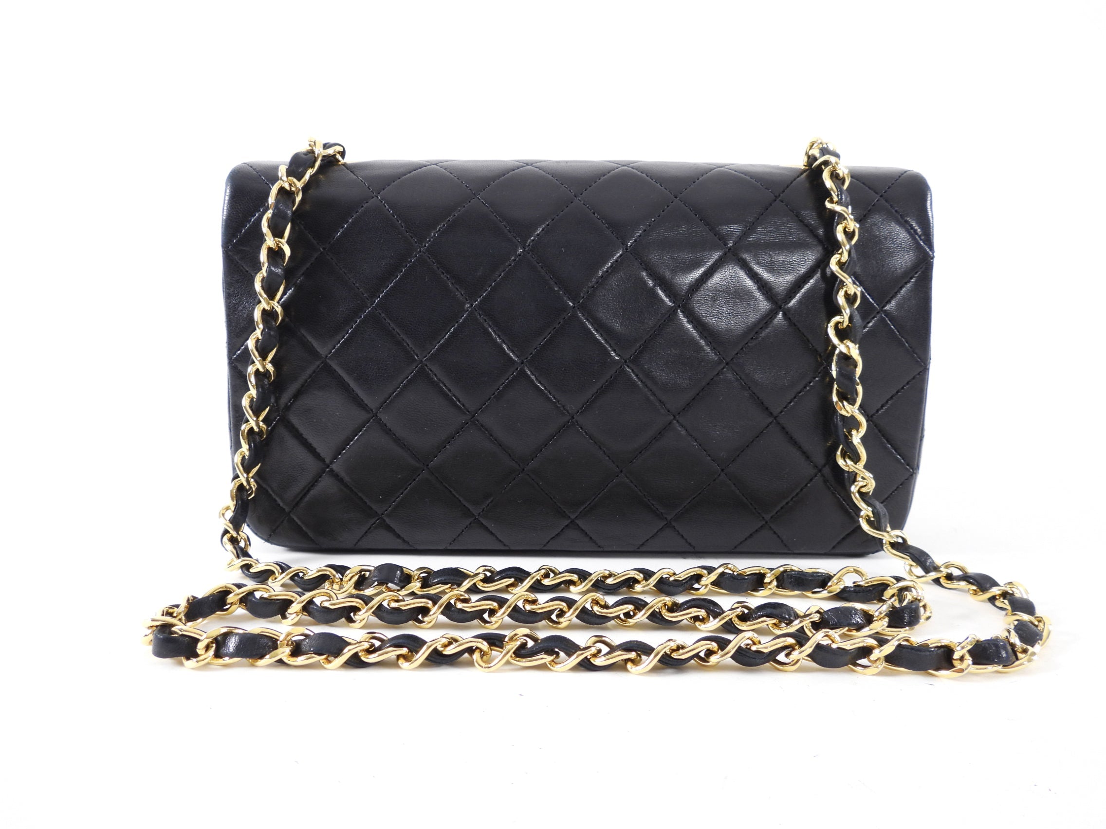 Chanel Vintage 1989 Black Lambskin Leather Full Flap Chain Bag