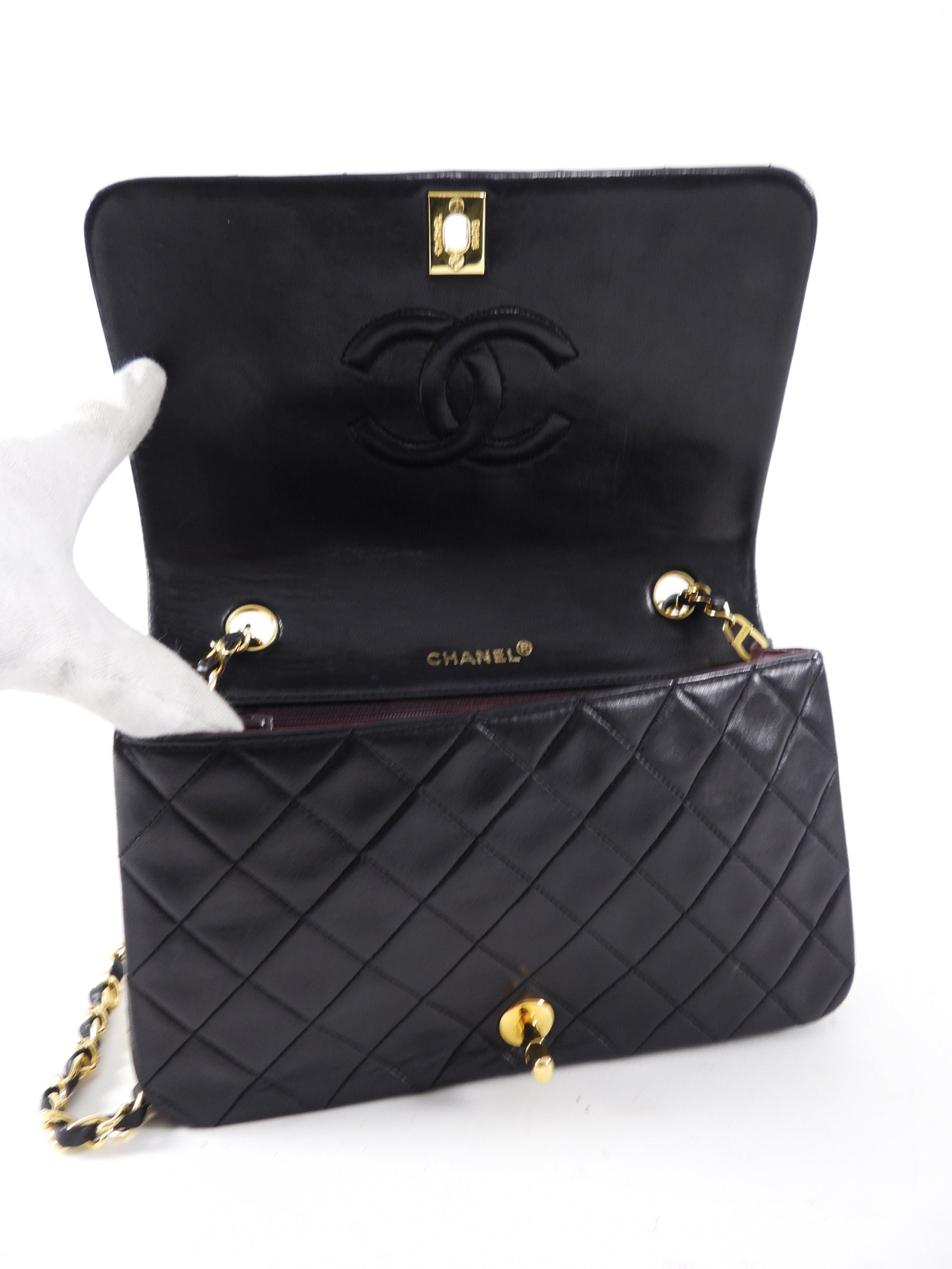 Chanel Vintage 1989 Black Lambskin Leather Full Flap Chain Bag