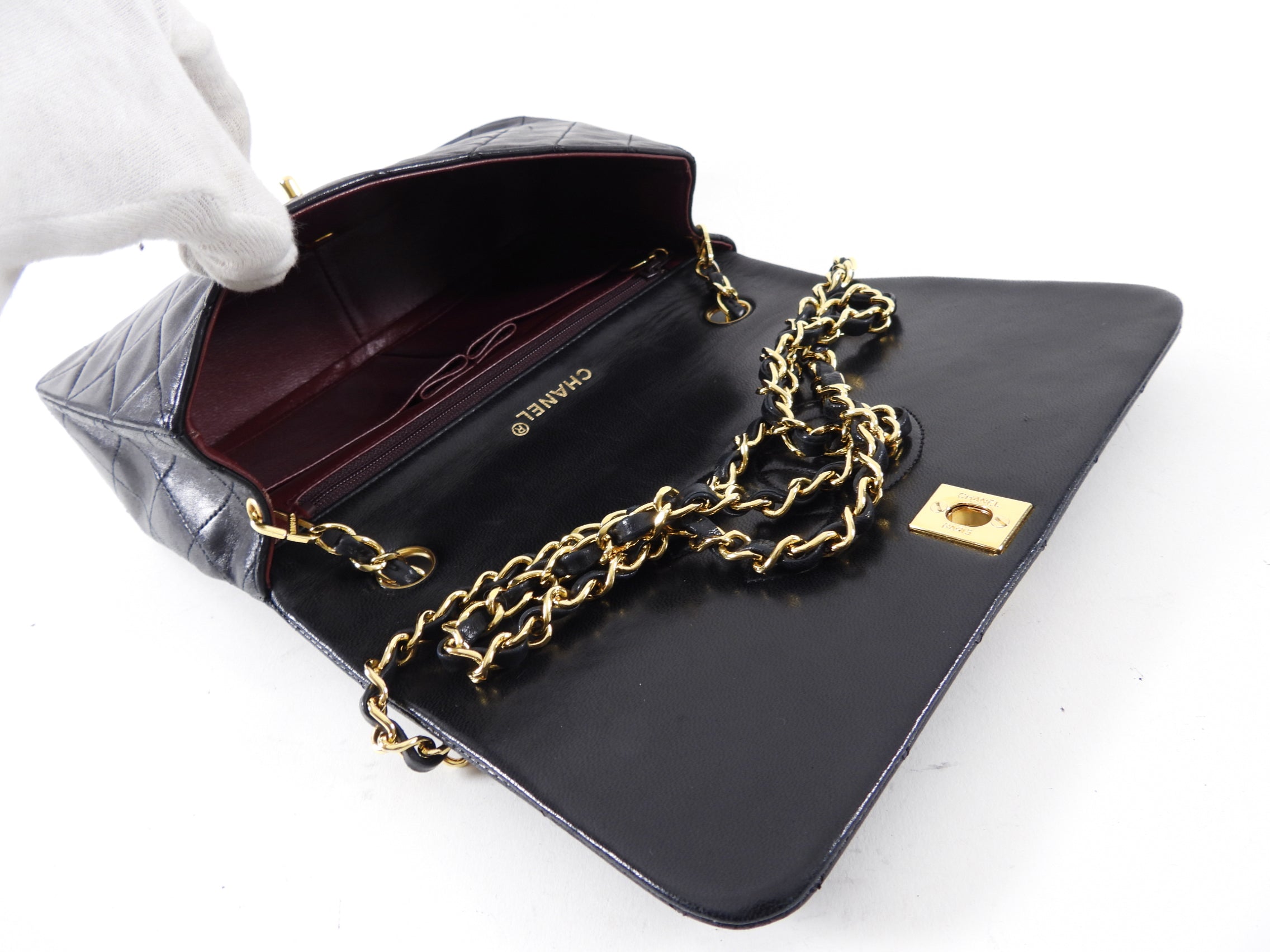 Chanel Vintage 1989 Black Lambskin Leather Full Flap Chain Bag