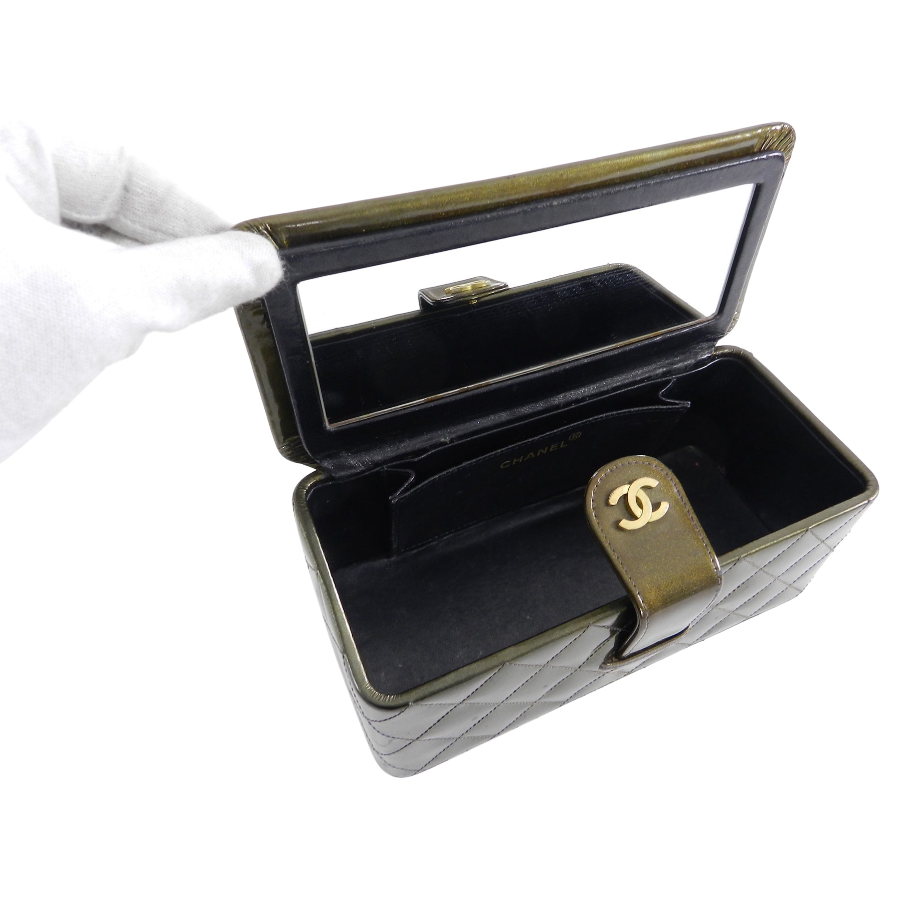 Chanel Vintage 1994 Olive Green Patent Vanity Case Bag
