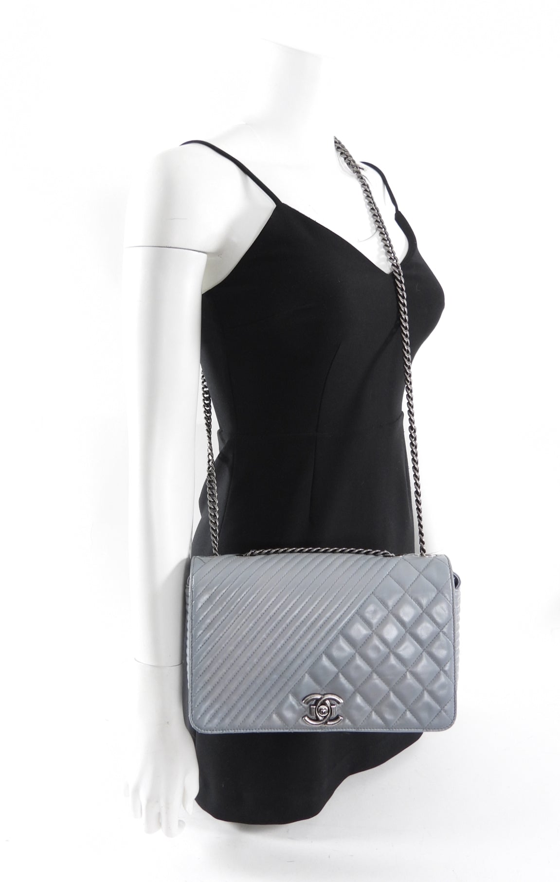 Chanel Grey Leather Coco Boy Medium Flap Bag