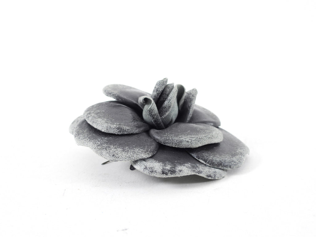 Chanel Grey Distressed Camelia Flower Brooch / Pin