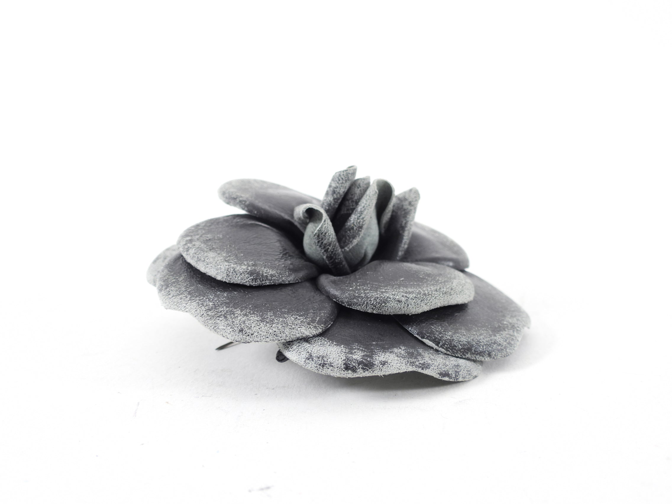 Chanel Grey Distressed Camelia Flower Brooch / Pin