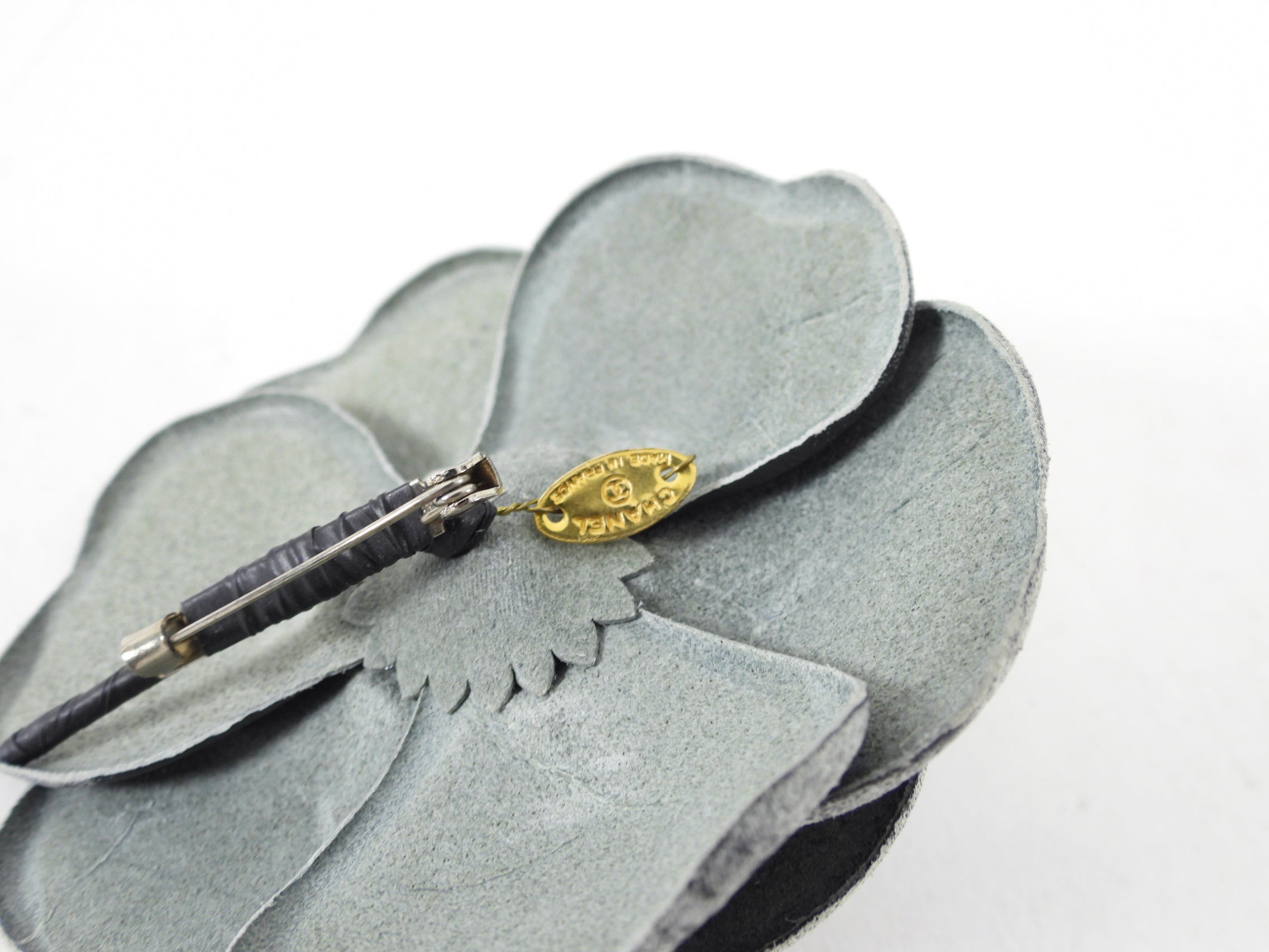 Chanel Grey Distressed Camelia Flower Brooch / Pin