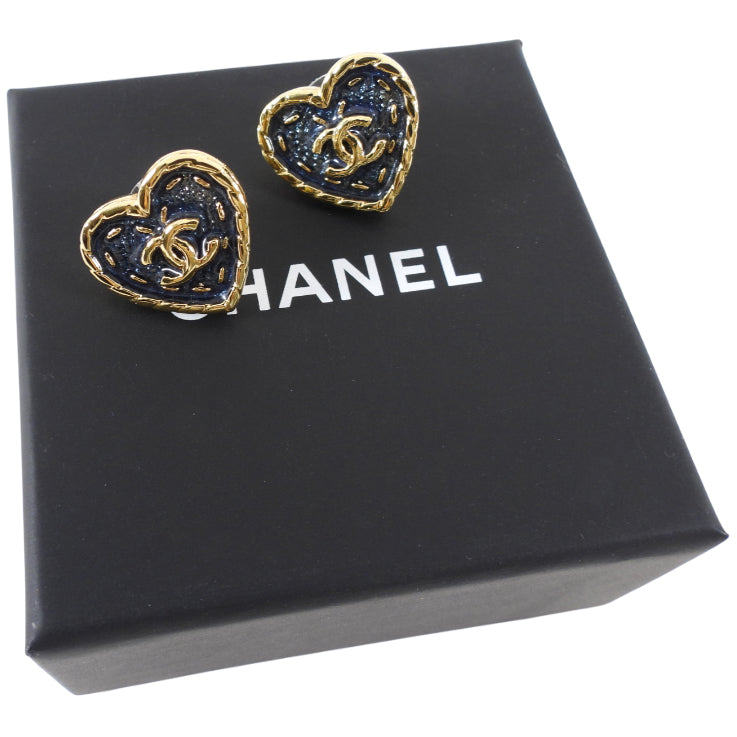 Chanel 24P Coco Navy Enamel Heart Earrings