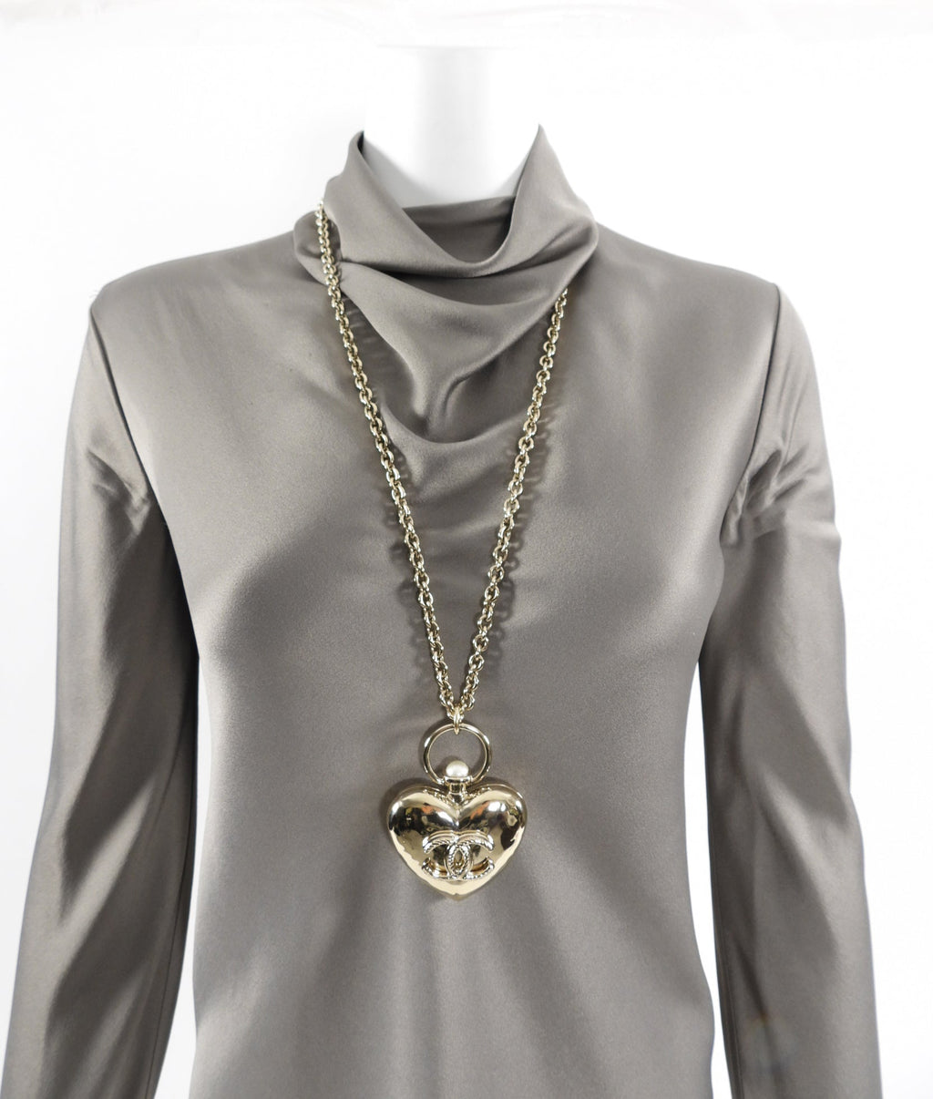Chanel 22C Goldtone Pearl Puff Heart Locket Necklace