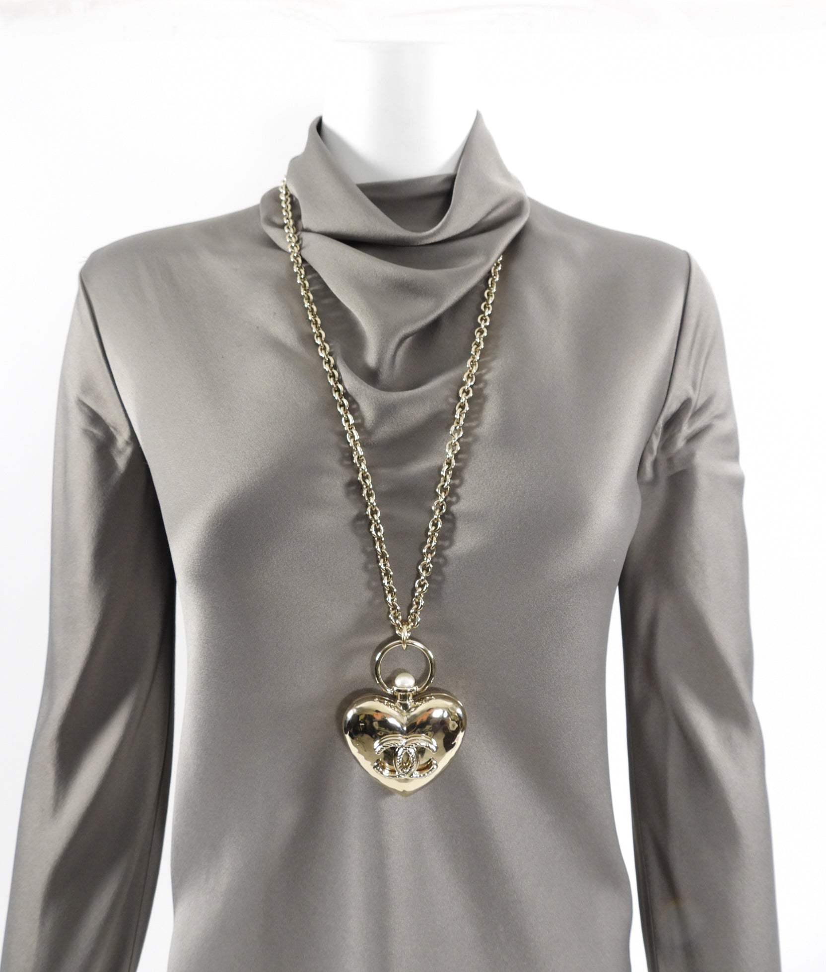 Chanel 22C Goldtone Pearl Puff Heart Locket Necklace
