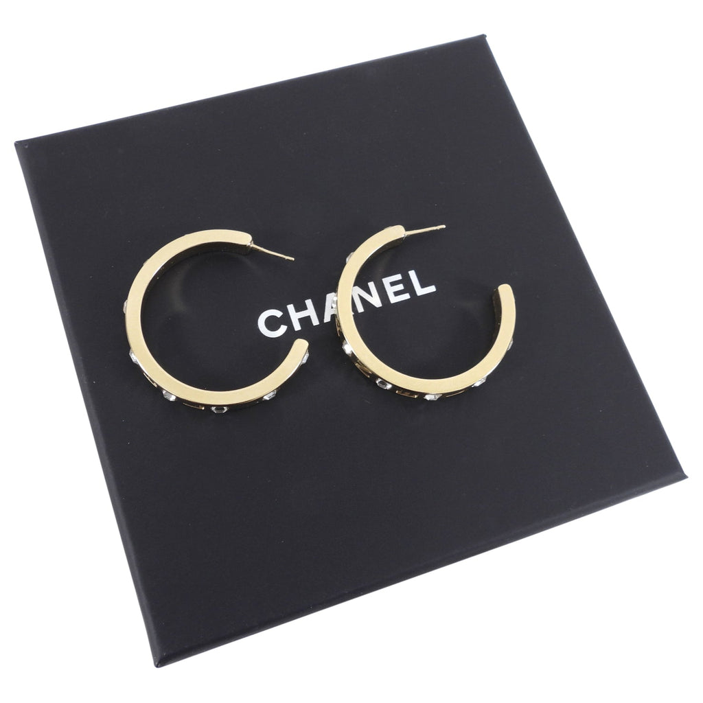 Chanel 21P Light Gold and Crystal Logo Hoop Earrings