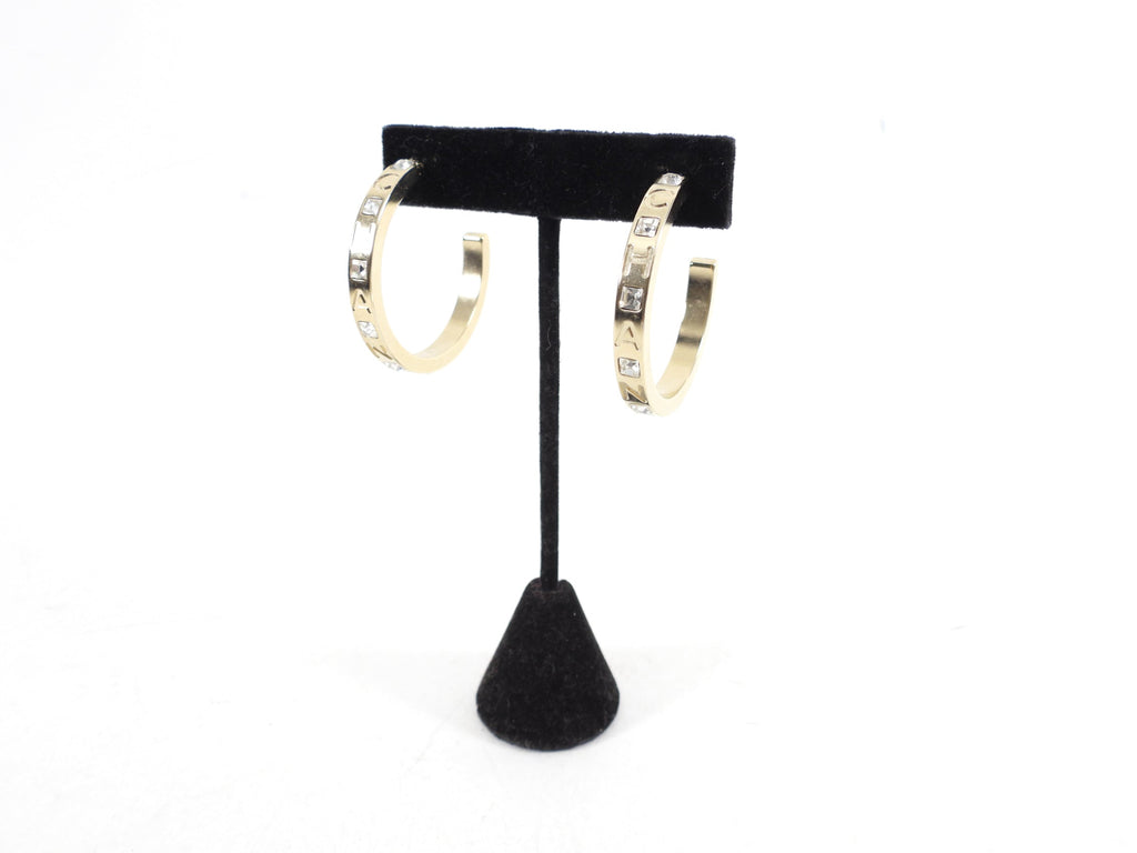 Chanel 21P Light Gold and Crystal Logo Hoop Earrings