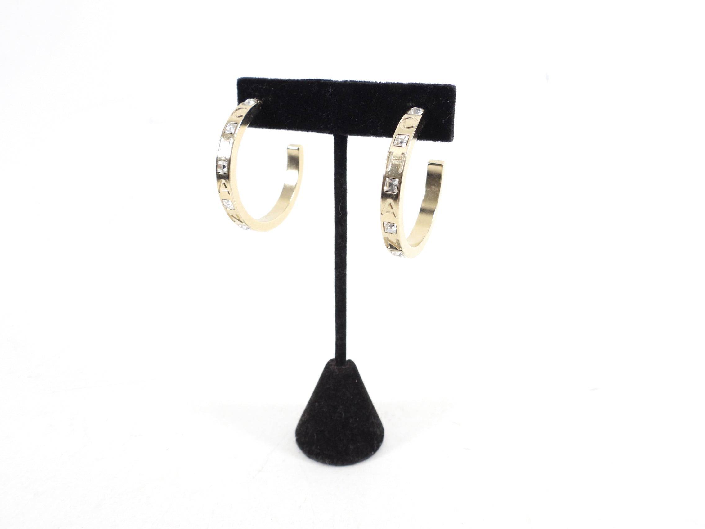Chanel 21P Light Gold and Crystal Logo Hoop Earrings