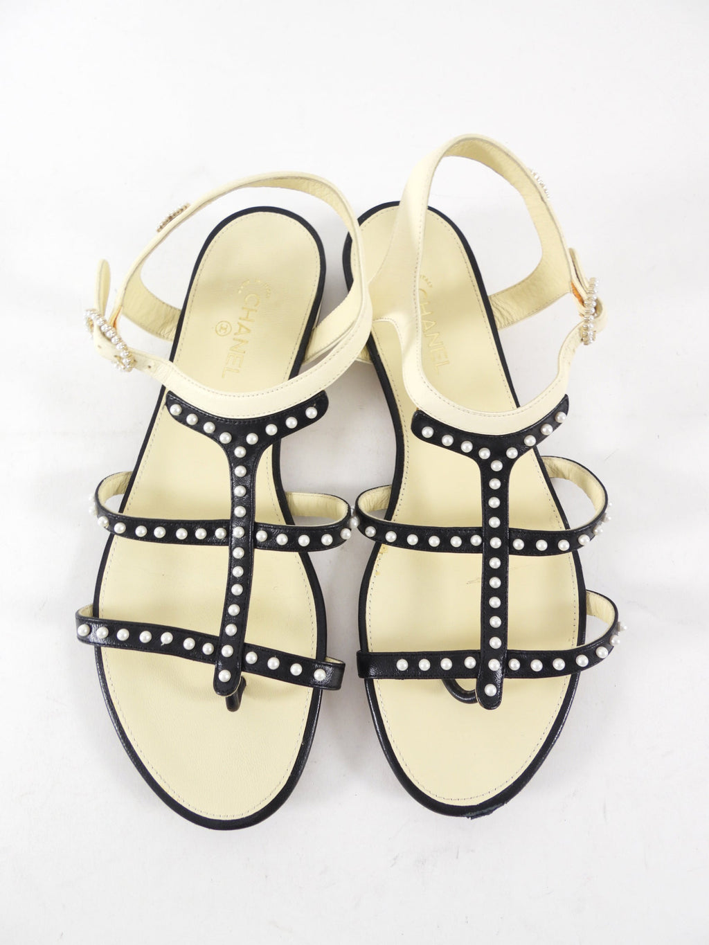 Chanel SS16 Black White Faux Pearl Cage Flat Sandals - 37 / 37.5