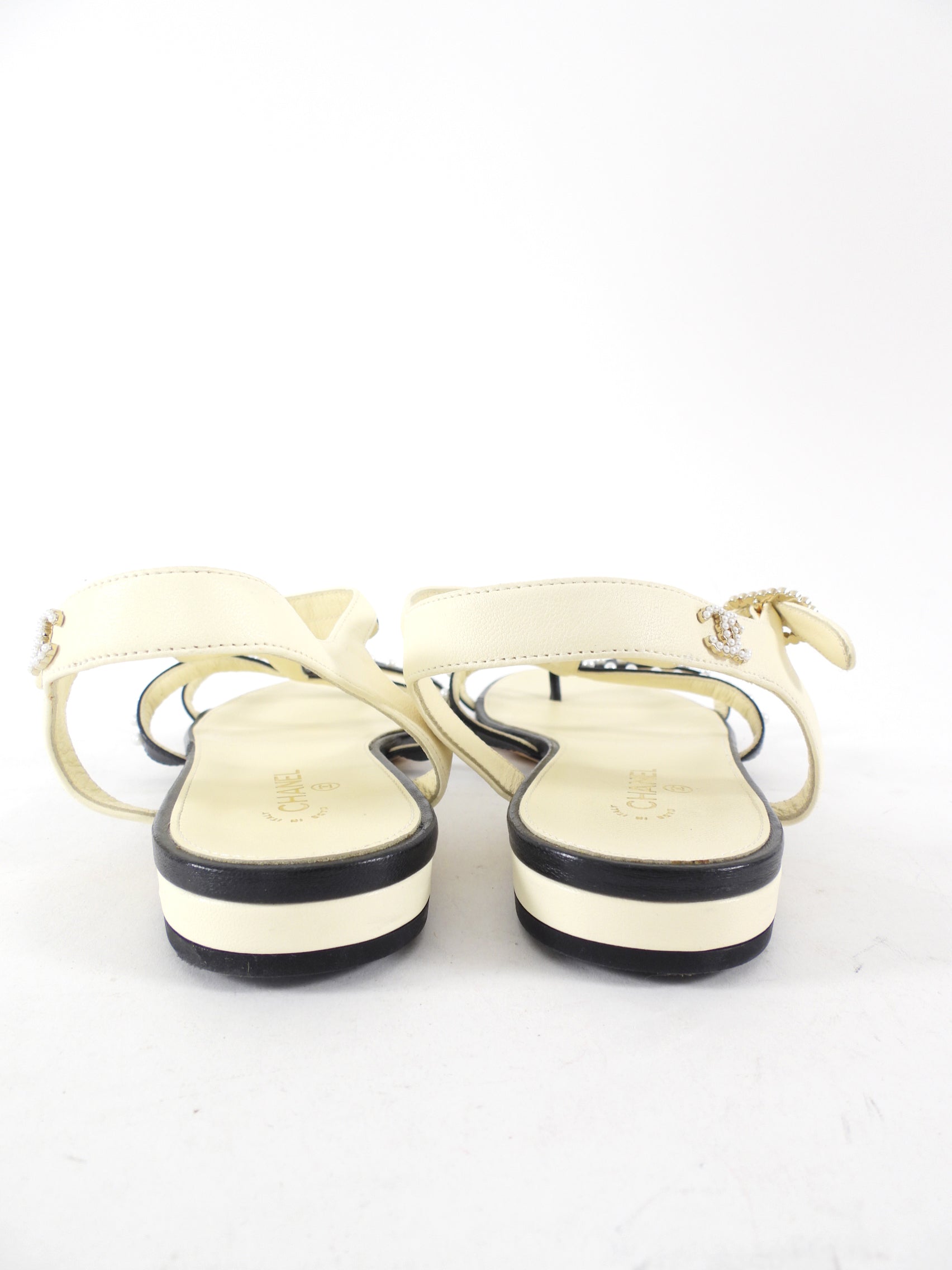 Chanel SS16 Black White Faux Pearl Cage Flat Sandals - 37 / 37.5