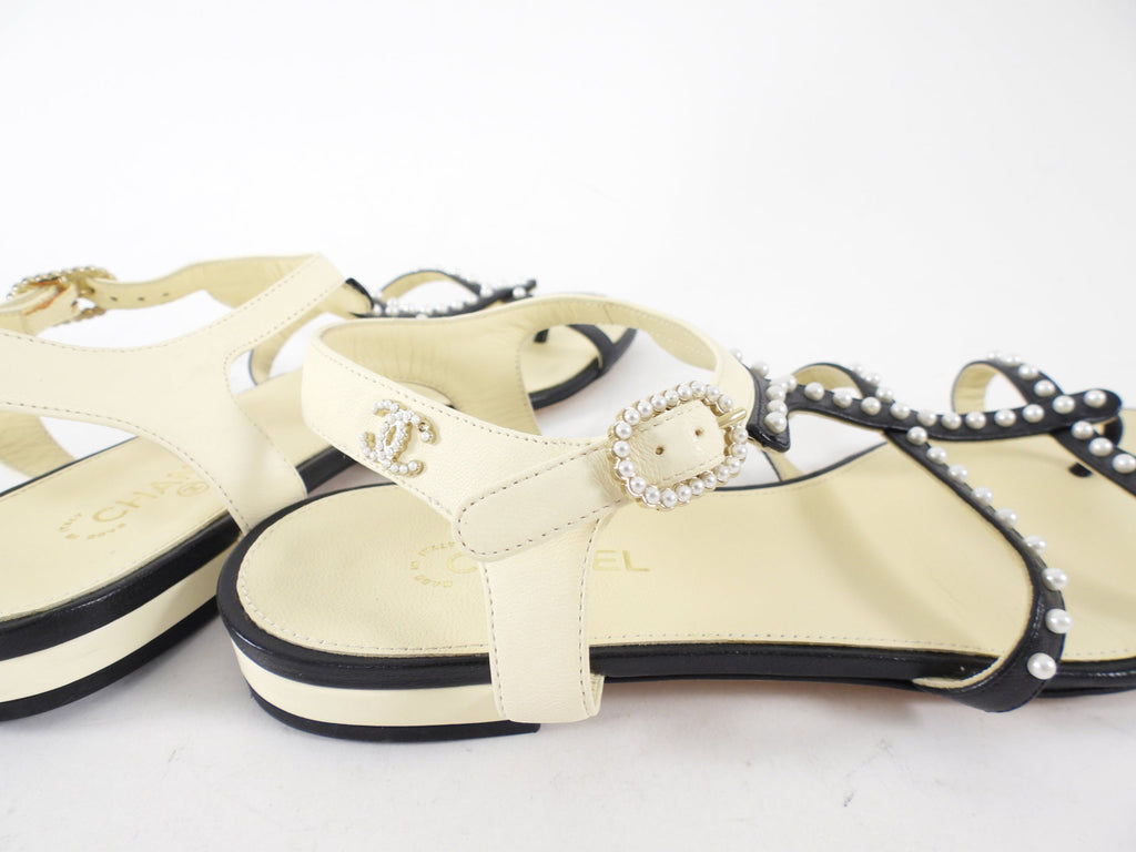 Chanel SS16 Black White Faux Pearl Cage Flat Sandals - 37 / 37.5