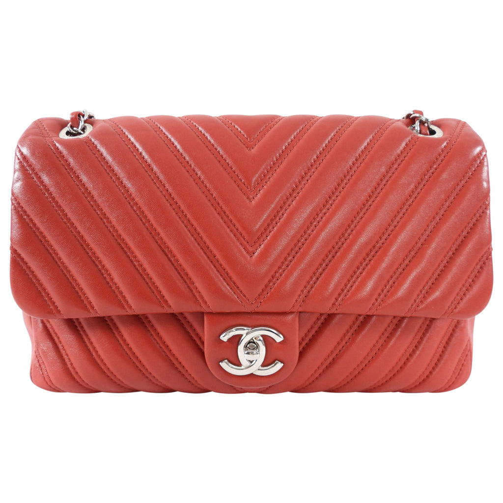 Chanel Red Jumbo Chevron Quilted Single Flap Bag SHW