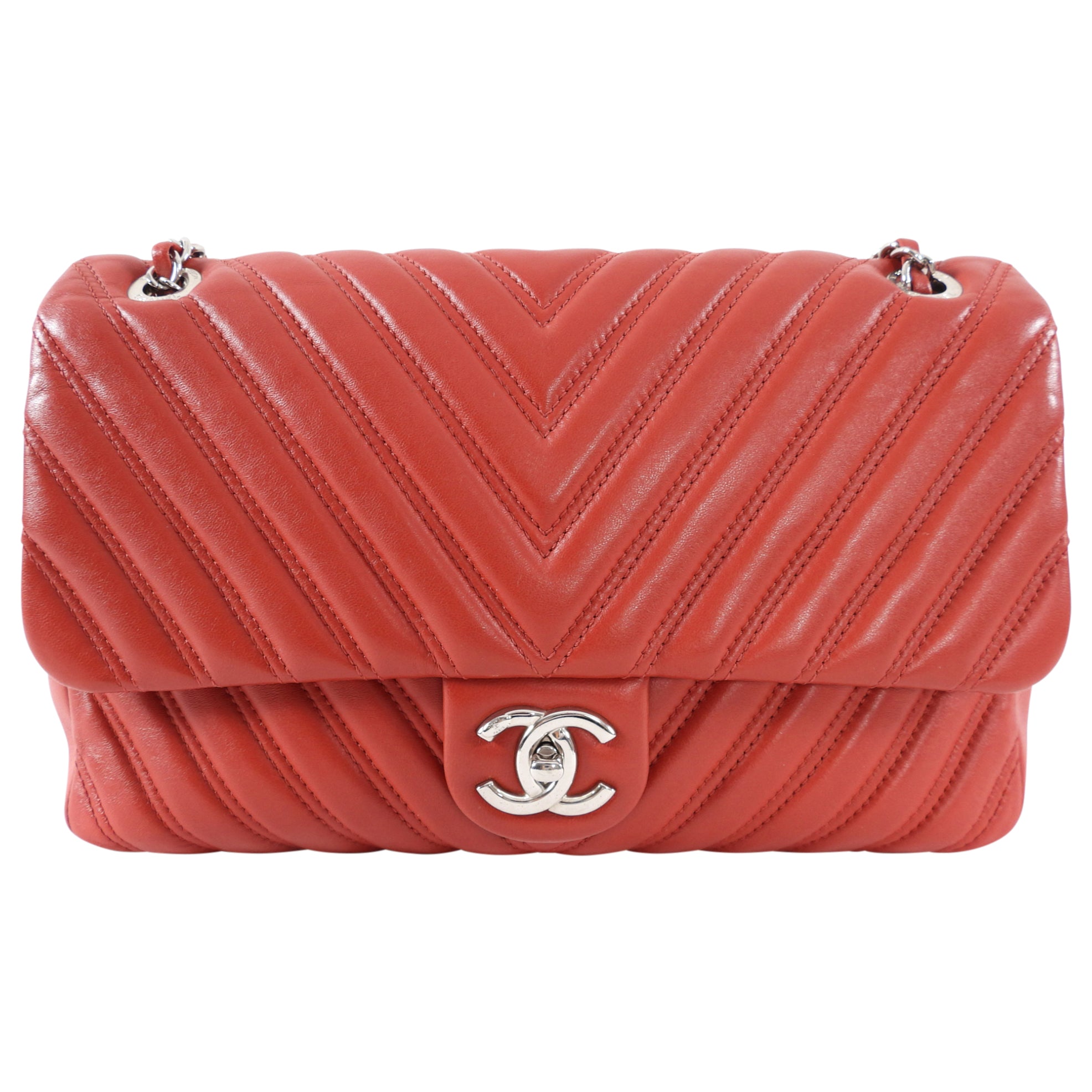 Chanel Red Jumbo Chevron Quilted Single Flap Bag SHW