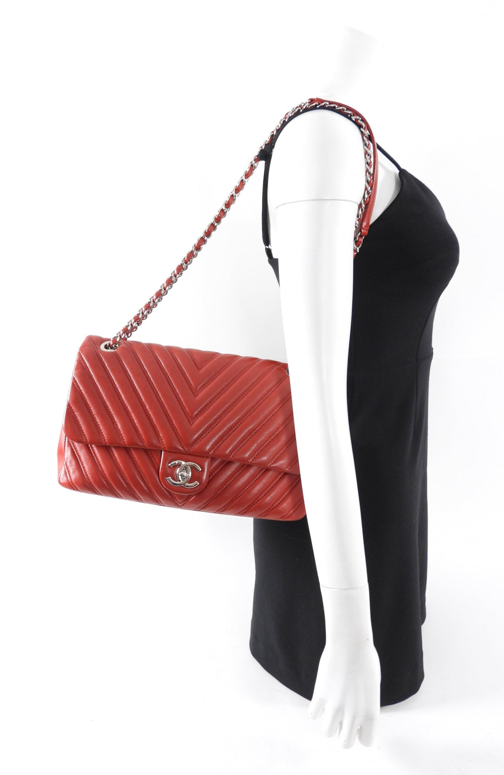 Chanel Red Jumbo Chevron Quilted Single Flap Bag SHW
