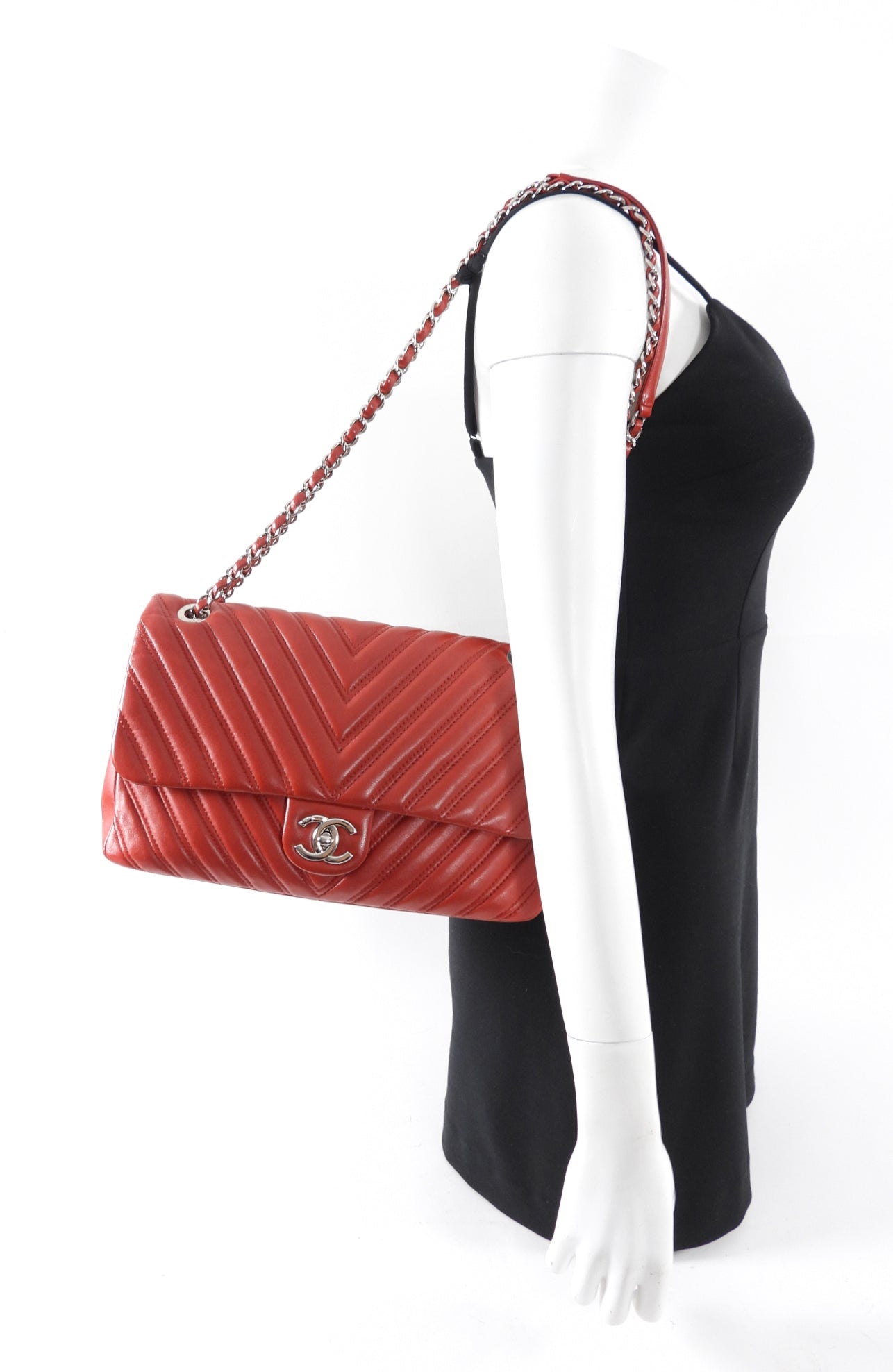 Chanel Red Jumbo Chevron Quilted Single Flap Bag SHW