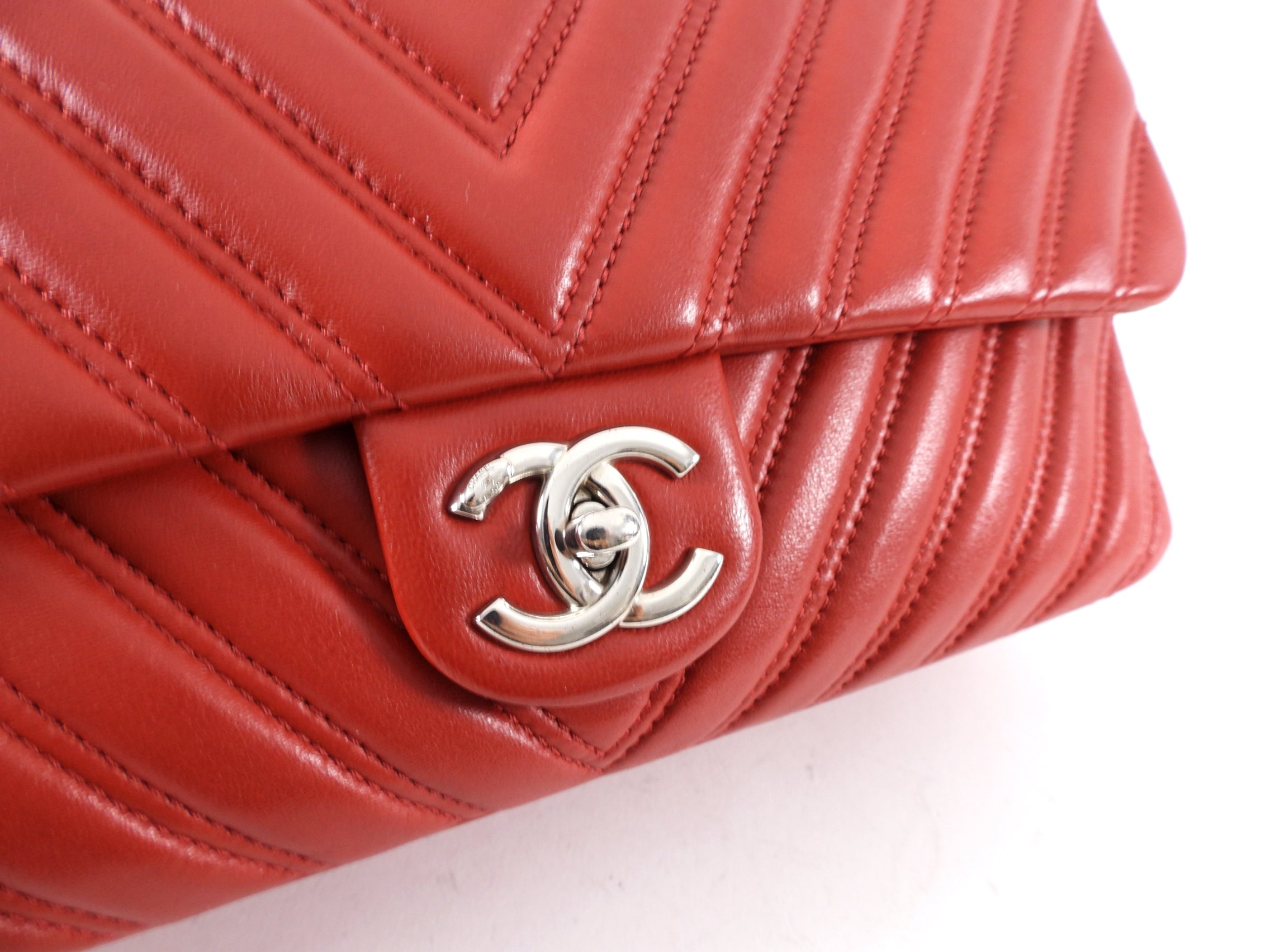 Chanel Red Jumbo Chevron Quilted Single Flap Bag SHW