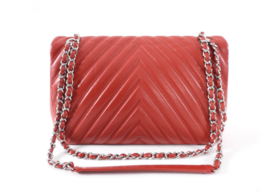 Chanel Red Jumbo Chevron Quilted Single Flap Bag SHW