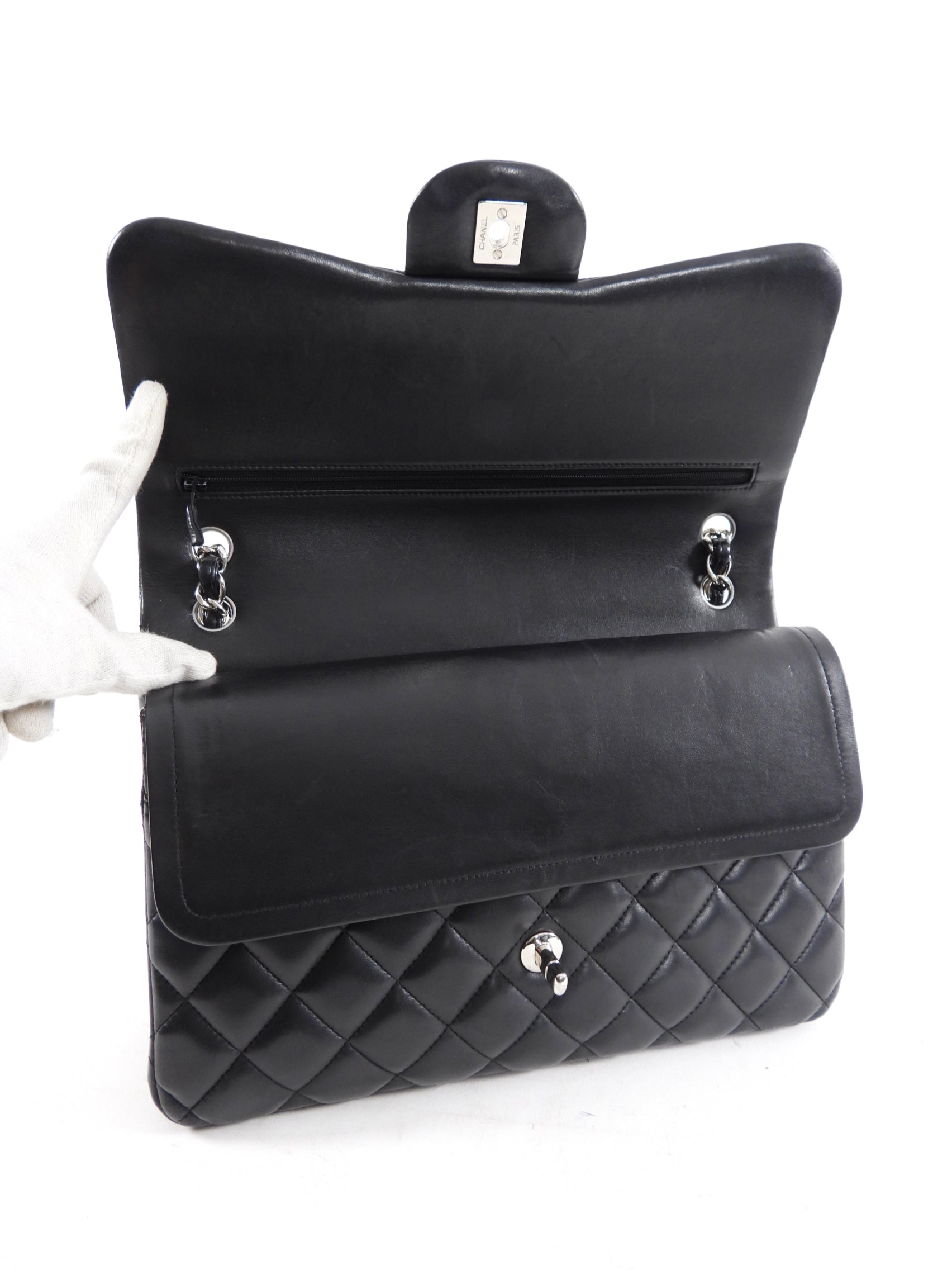 Chanel Black Lambskin Leather Jumbo Double Classic Flap Bag SHW