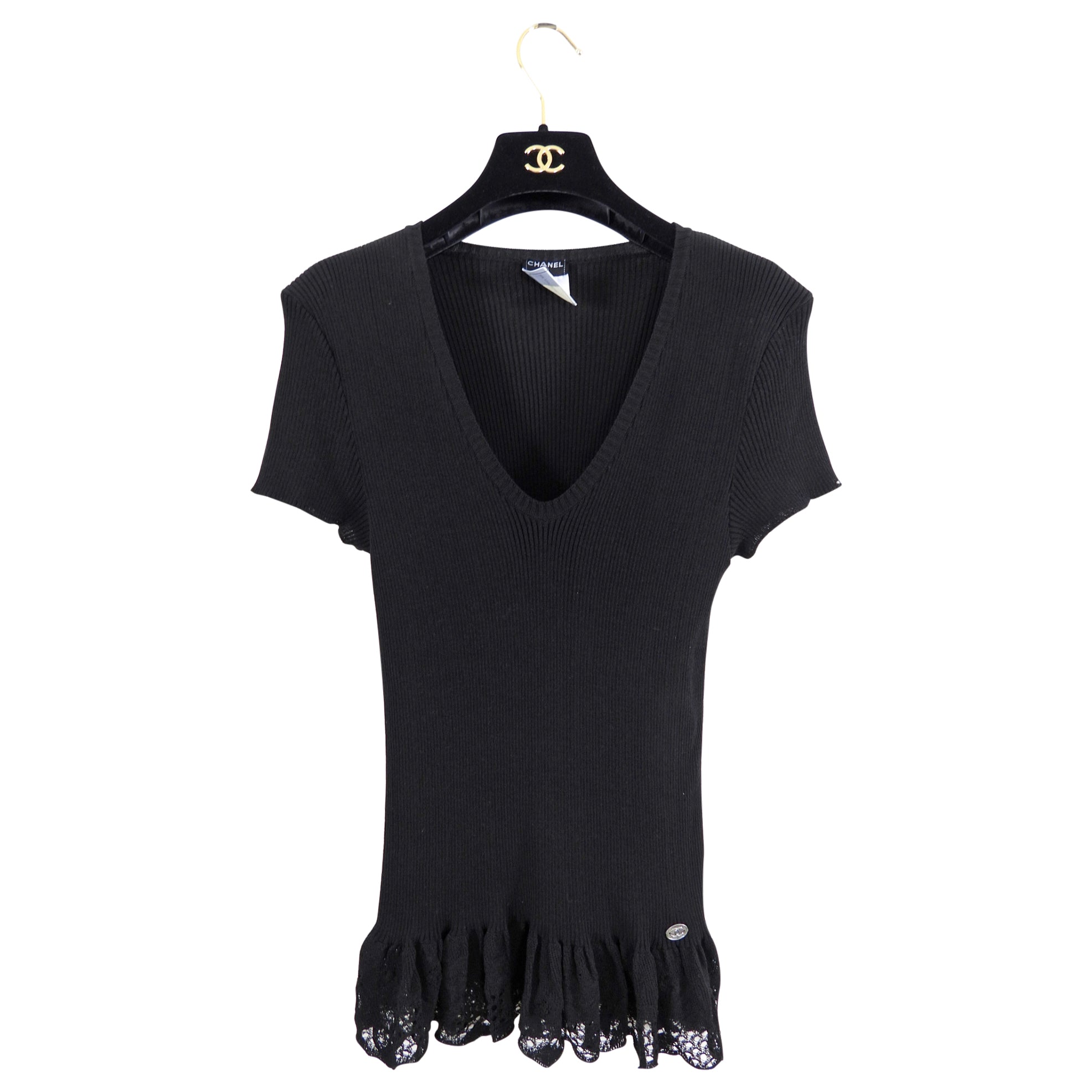 Chanel 06P Black Rib Knit Top with Lace Hem - FR42 (8/10)