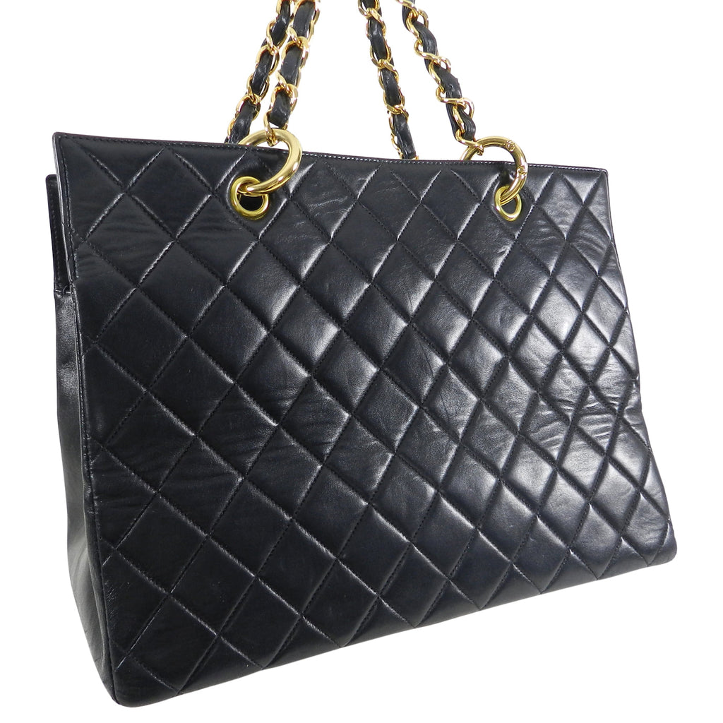 Chanel Vintage 1990's Large Lambskin Quilted CC Logo Tote Bag