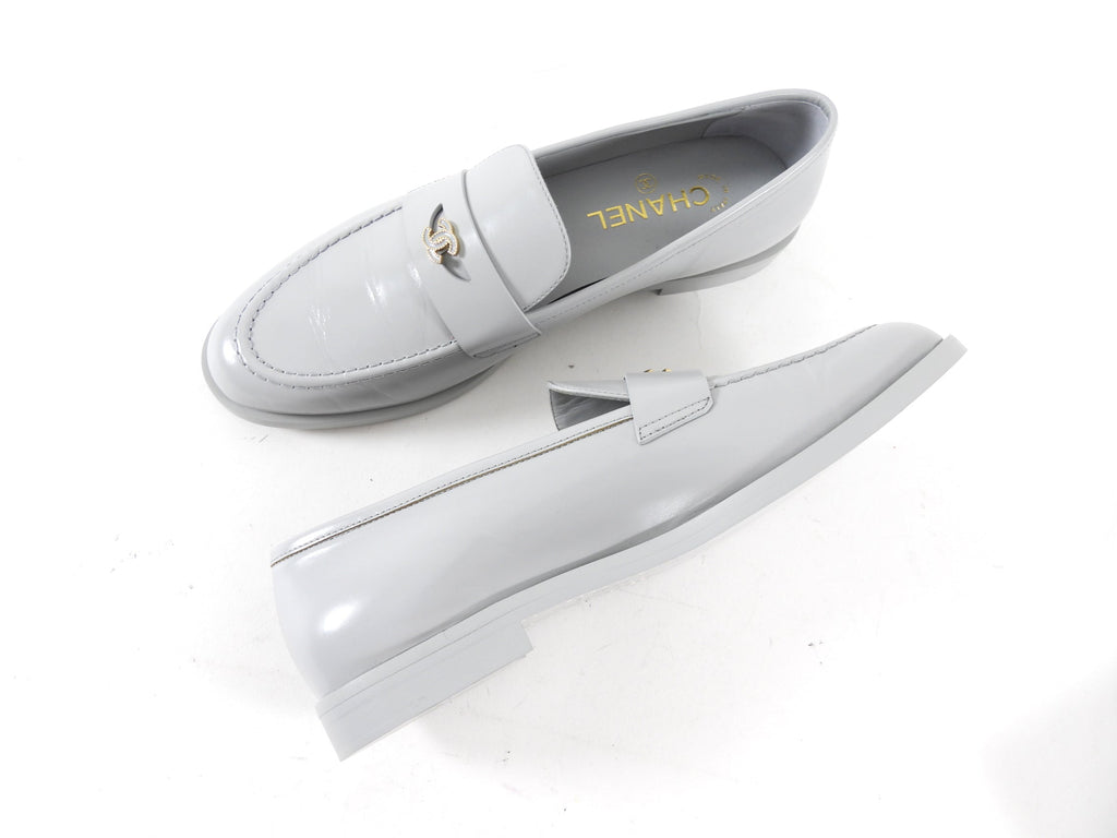 Chanel Putty Grey Glossed Leather CC Loafer - 39.5