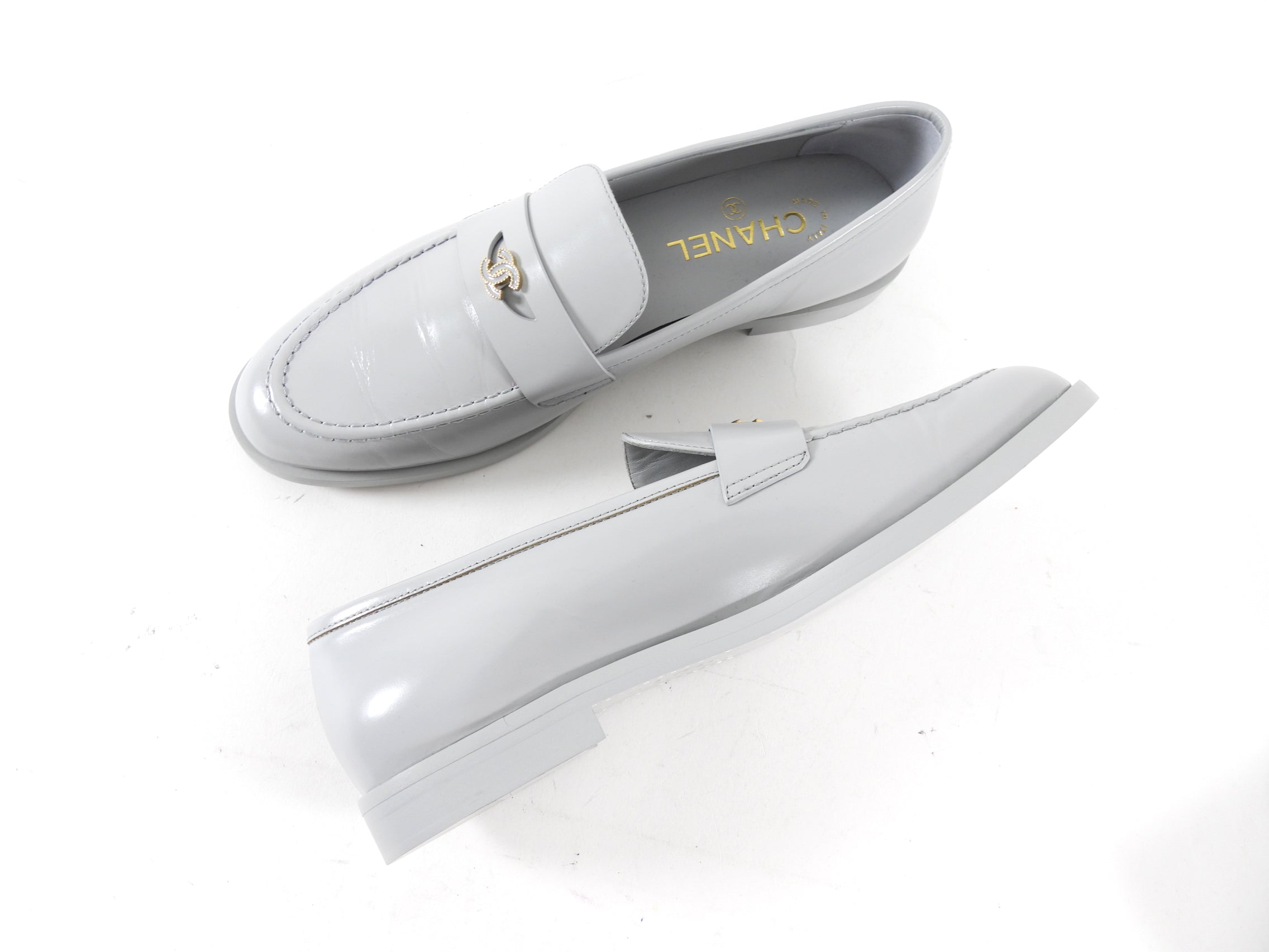 Chanel Putty Grey Glossed Leather CC Loafer - 39.5