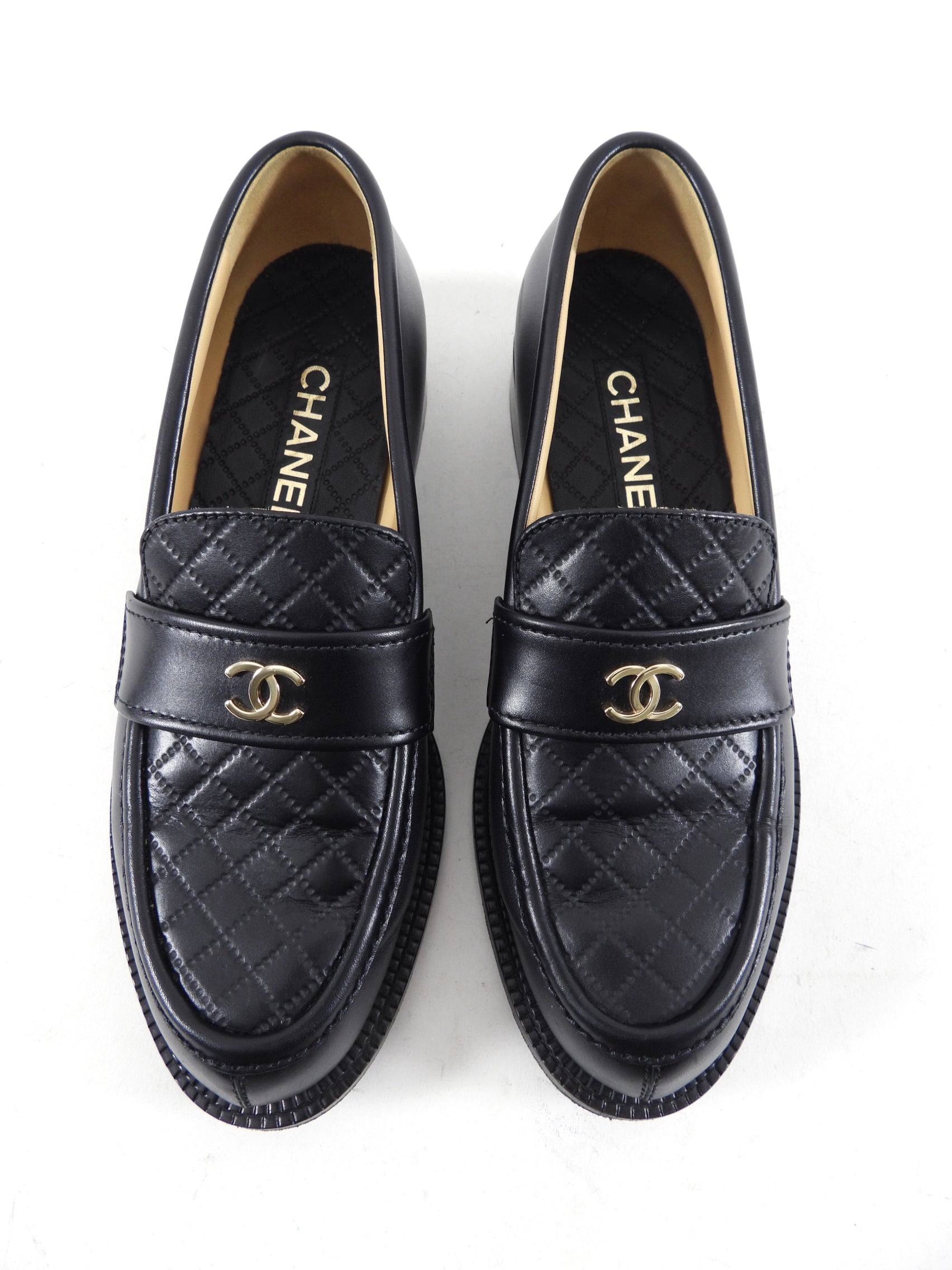 Chanel Black Leather Quilted CC Loafers - 40