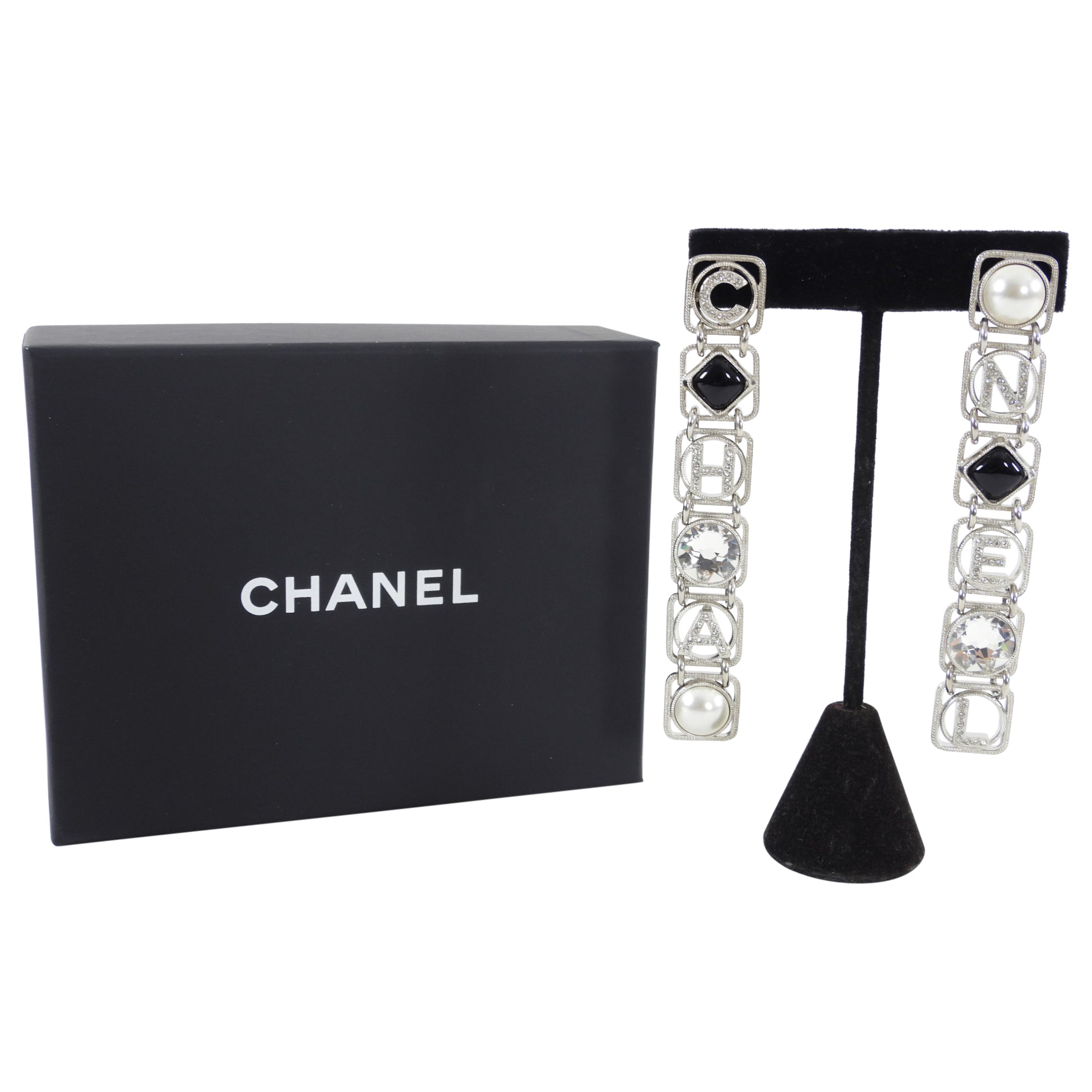 Chanel 20S Long Silver Crystal Logo Link Earrings