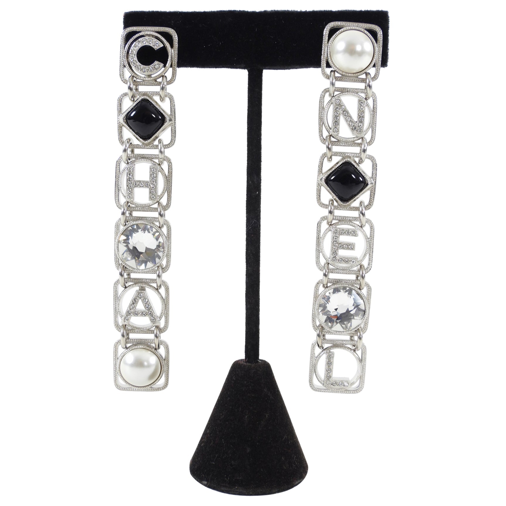 Chanel 20S Long Silver Crystal Logo Link Earrings