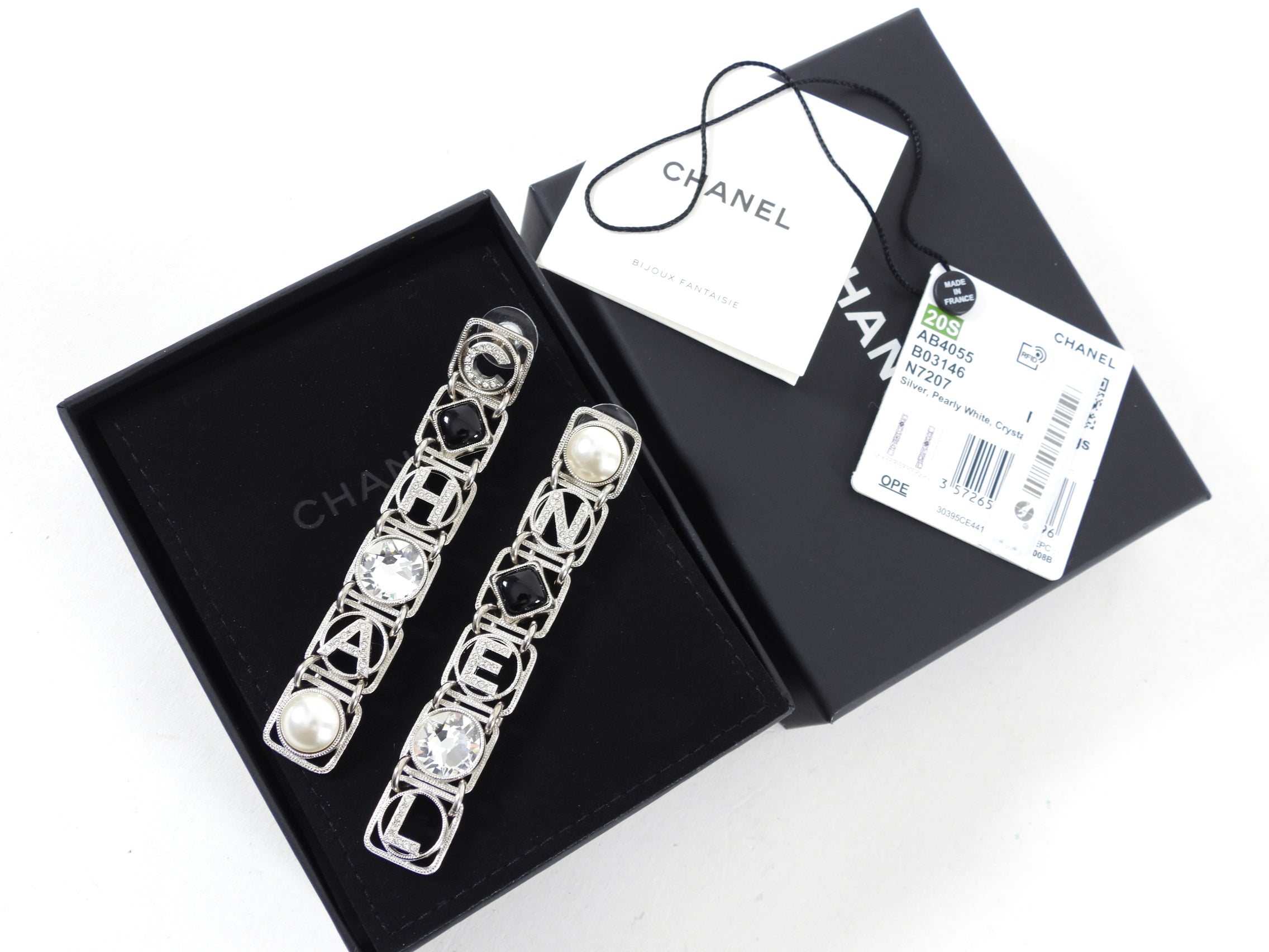 Chanel 20S Long Silver Crystal Logo Link Earrings