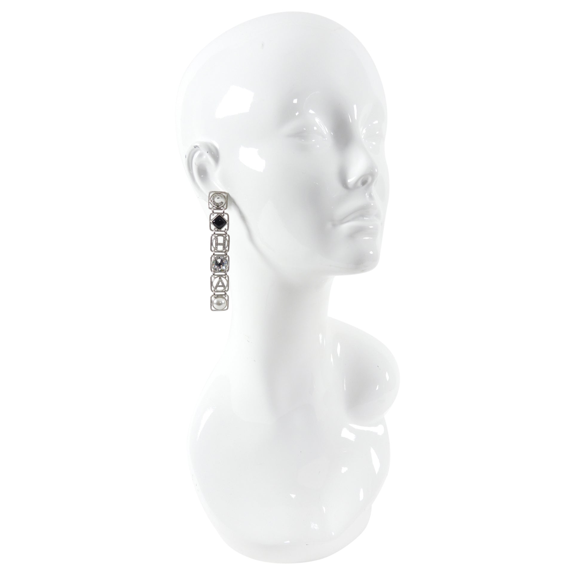 Chanel 20S Long Silver Crystal Logo Link Earrings