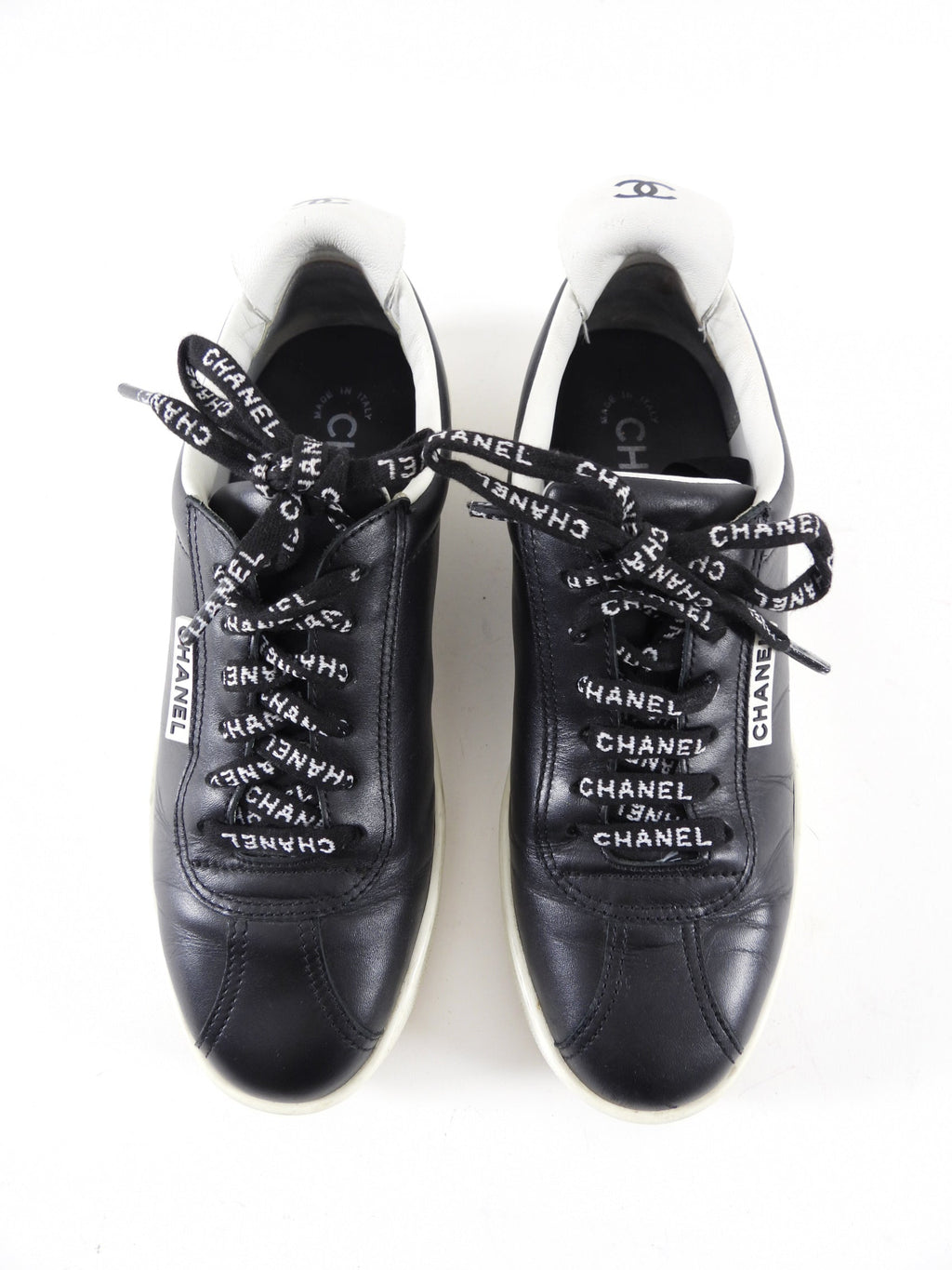 Chanel Black Leather and White Logo Court Sneakers - 36