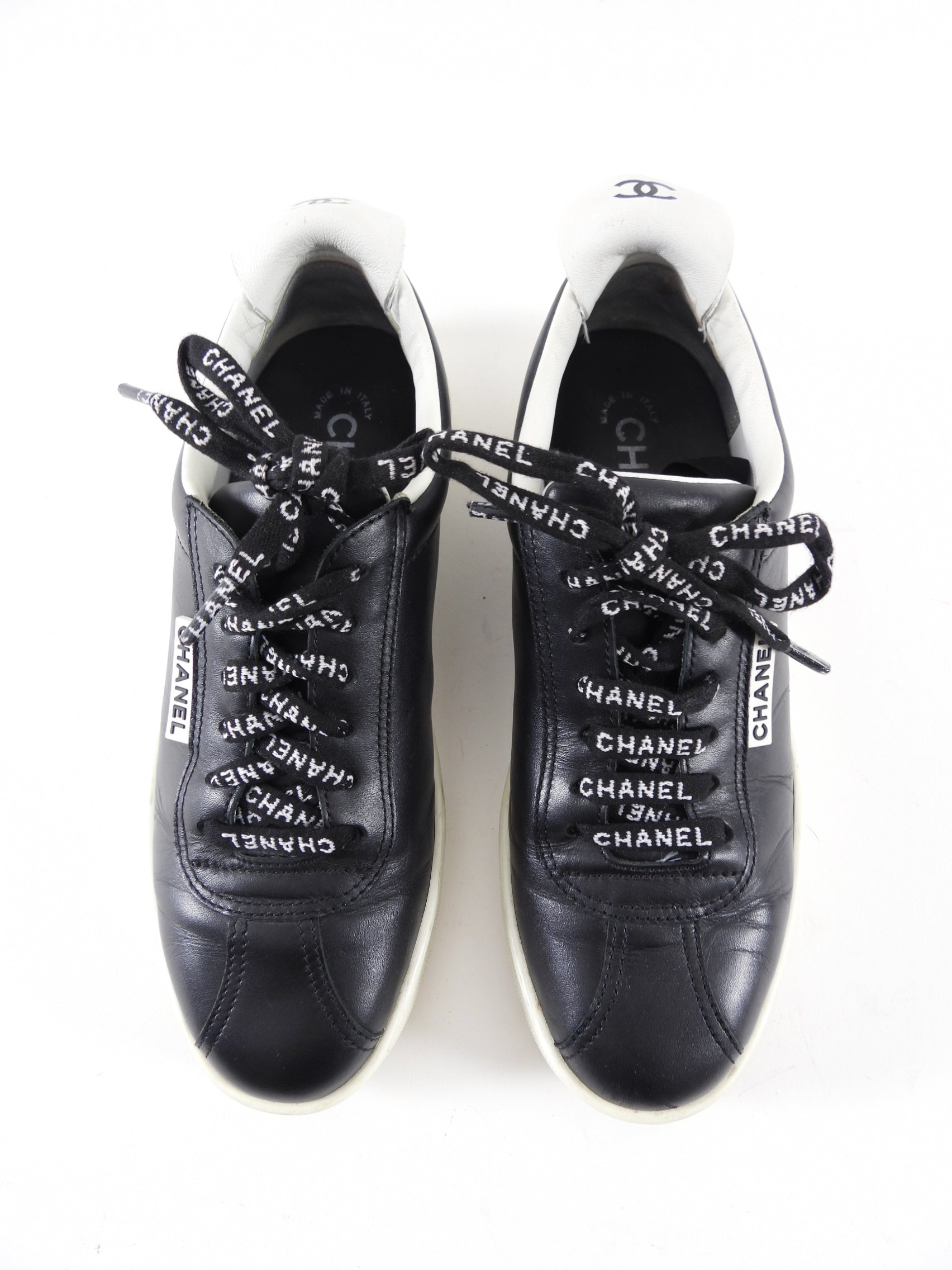 Chanel Black Leather and White Logo Court Sneakers - 36