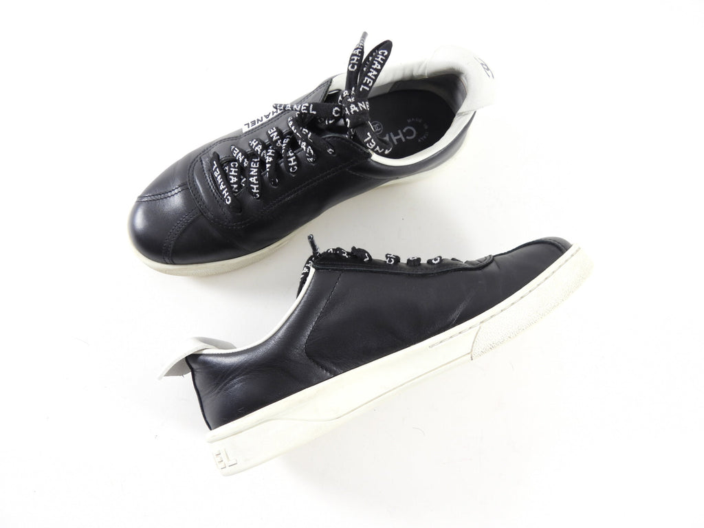 Chanel Black Leather and White Logo Court Sneakers - 36