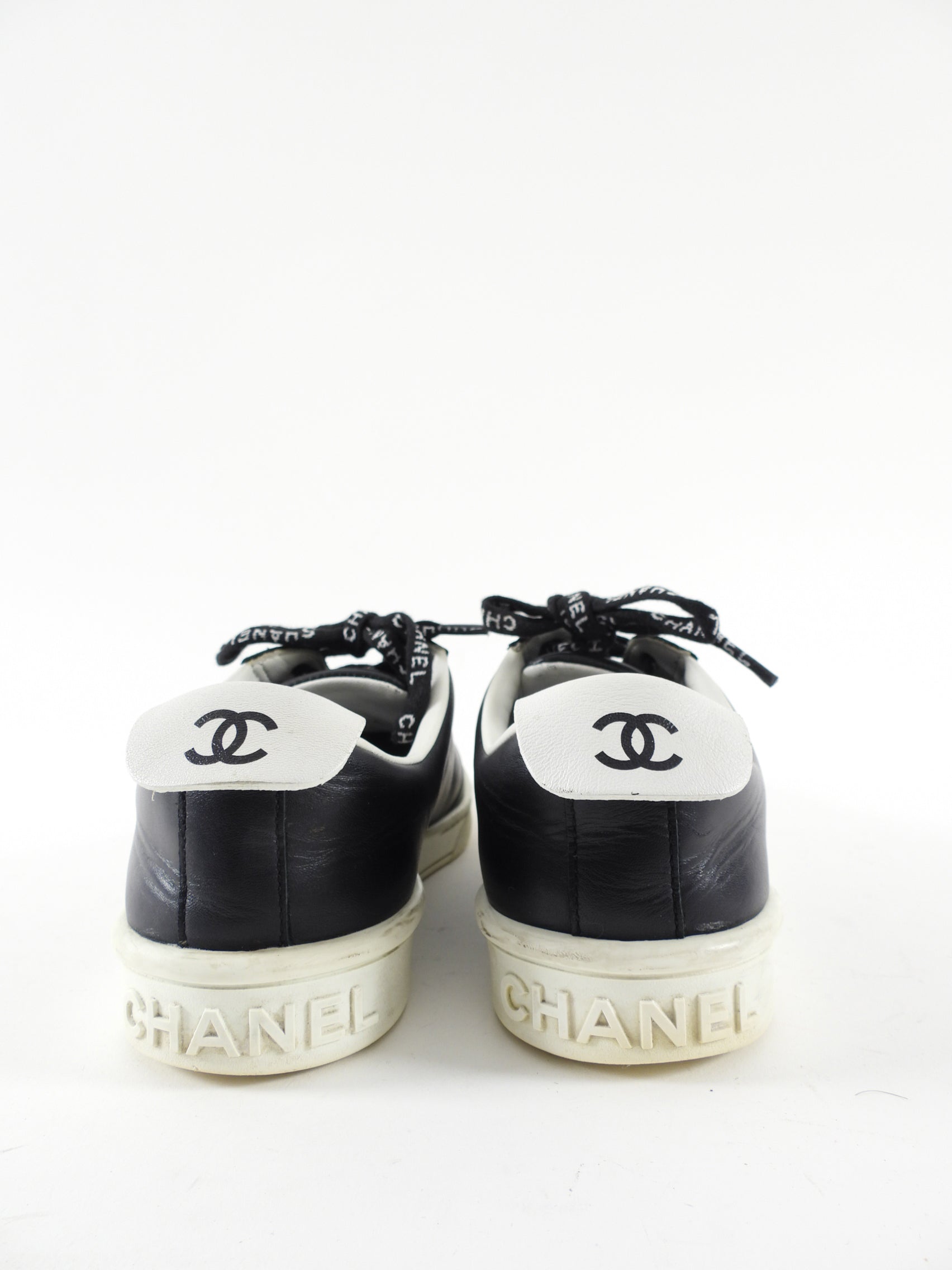 Chanel Black Leather and White Logo Court Sneakers - 36