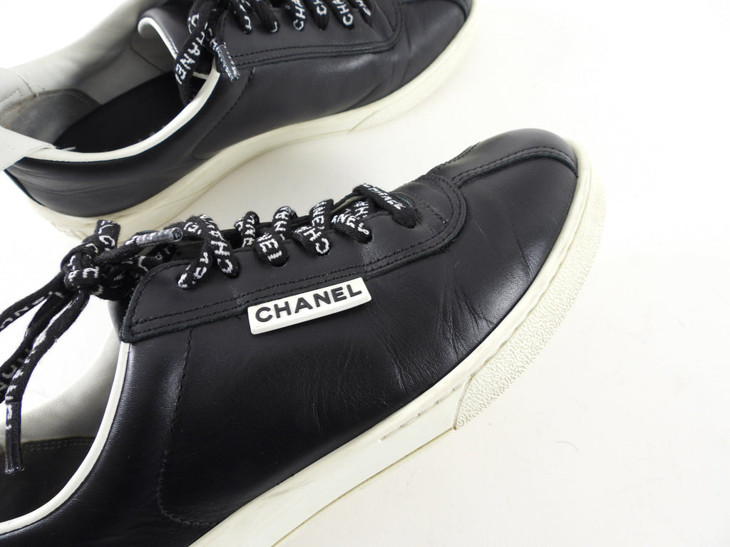 Chanel Black Leather and White Logo Court Sneakers - 36