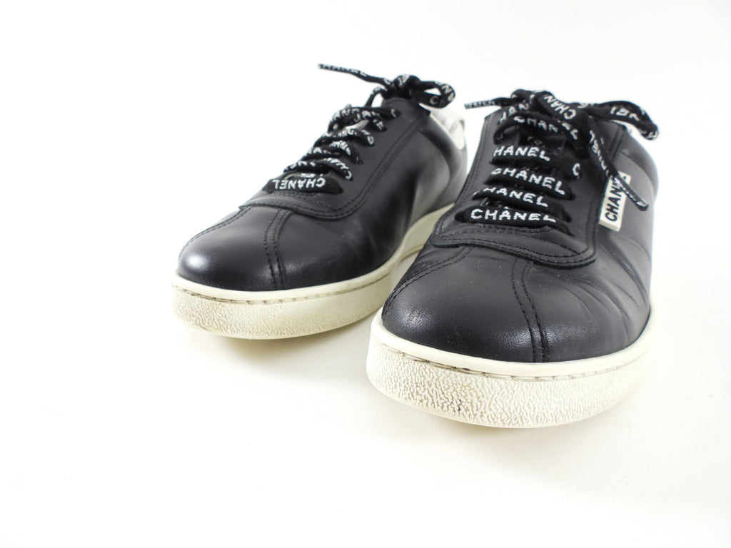 Chanel Black Leather and White Logo Court Sneakers - 36