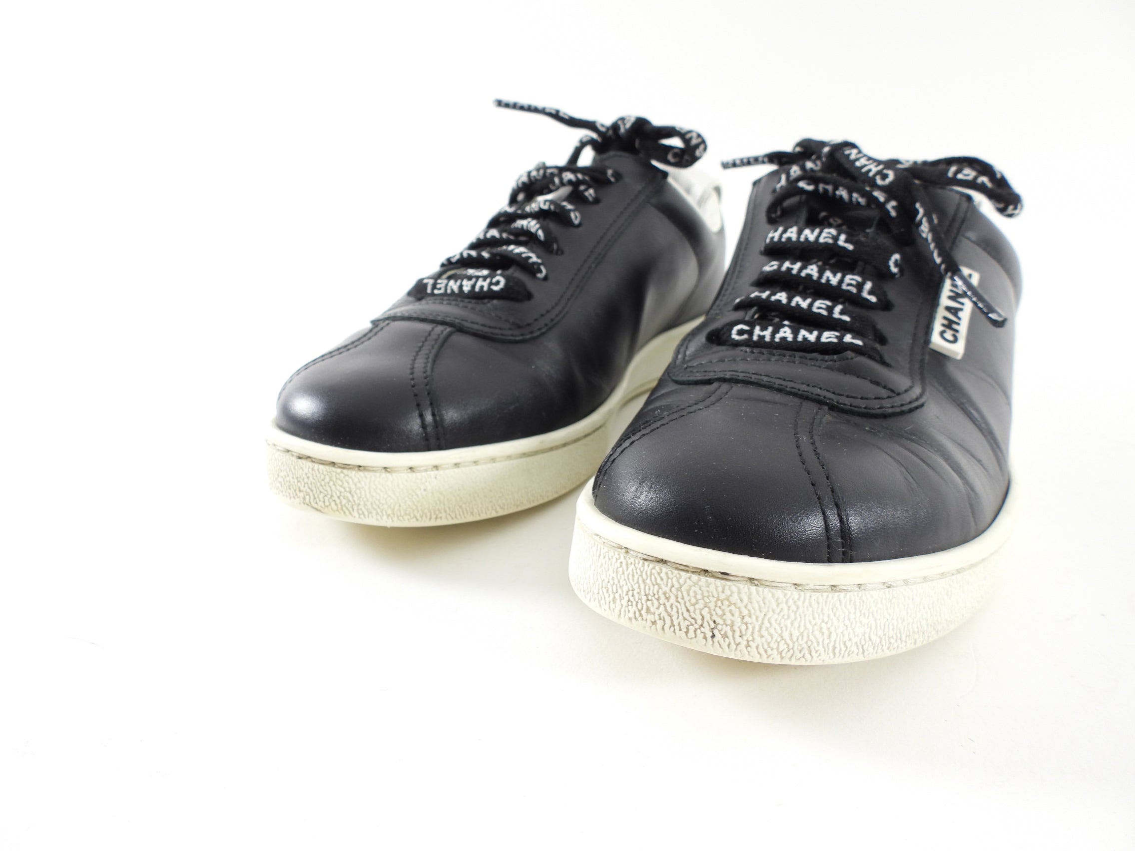 Chanel Black Leather and White Logo Court Sneakers - 36